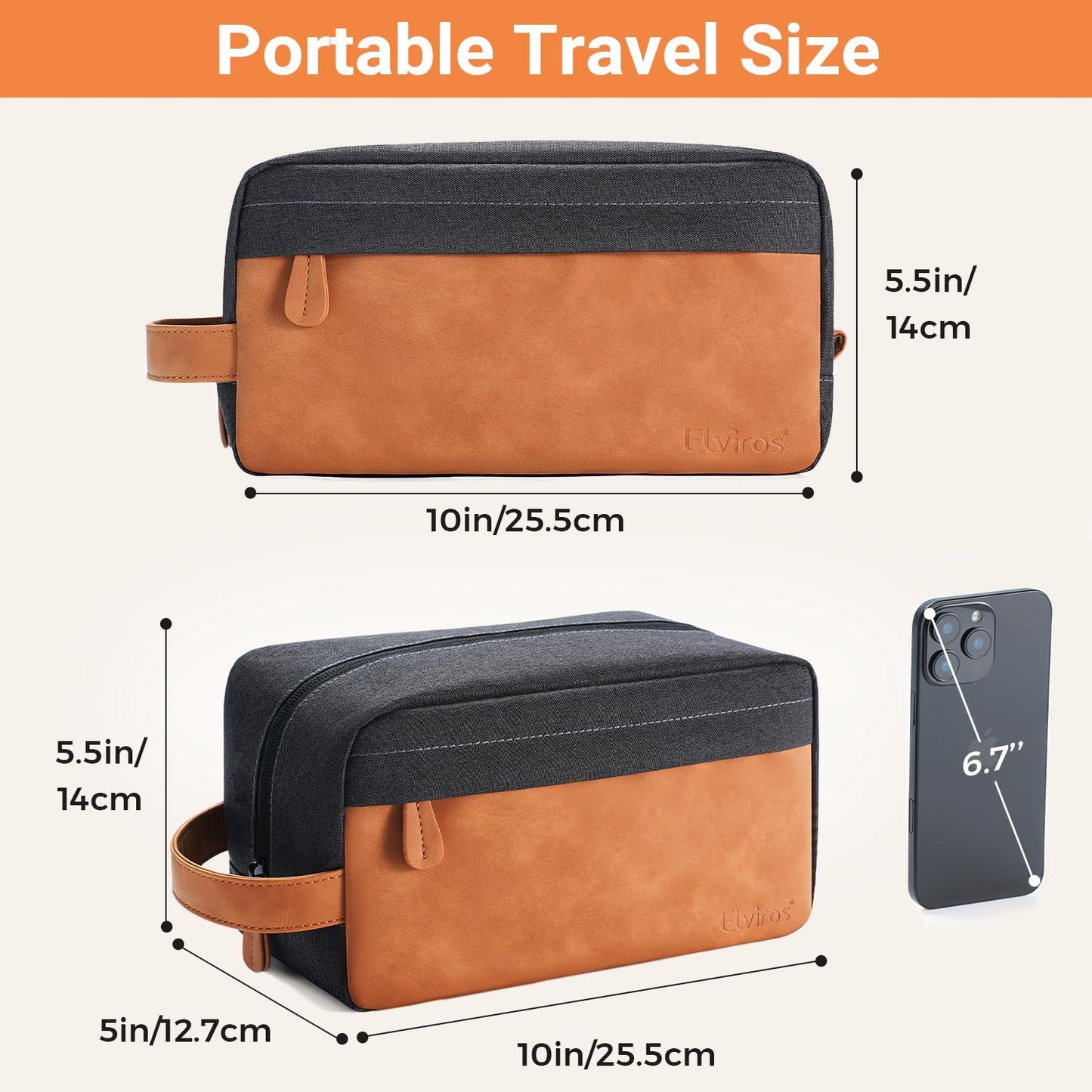 Elviros Travel Toiletry Bag for Men, Hanging Shaving Dopp Kit PU Leather Small Pouch Water Repellent Travel Essentials Organizer Gift for Dad, Black