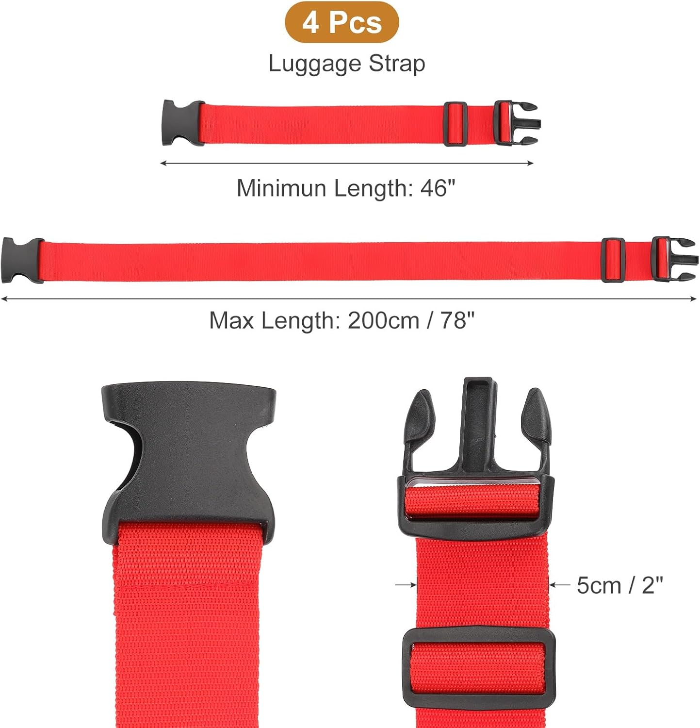 MECCANIXITY Luggage Straps with Quick-Release Buckle Adjustable Suitcase Belt Strap for Suitcase Briefcase Backpack Travel, Red, Pack of 4