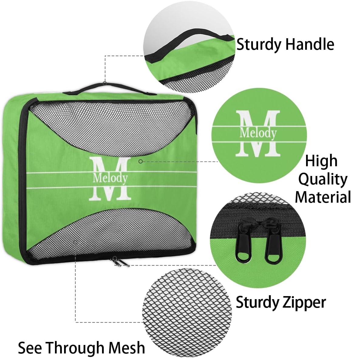 Personalized Packing Cubes, Set of 4 with Zipper Handles for Women Boys, Custom Name Travel Suitcases Luggage Packing Organizers, Lime Green Background with Initial