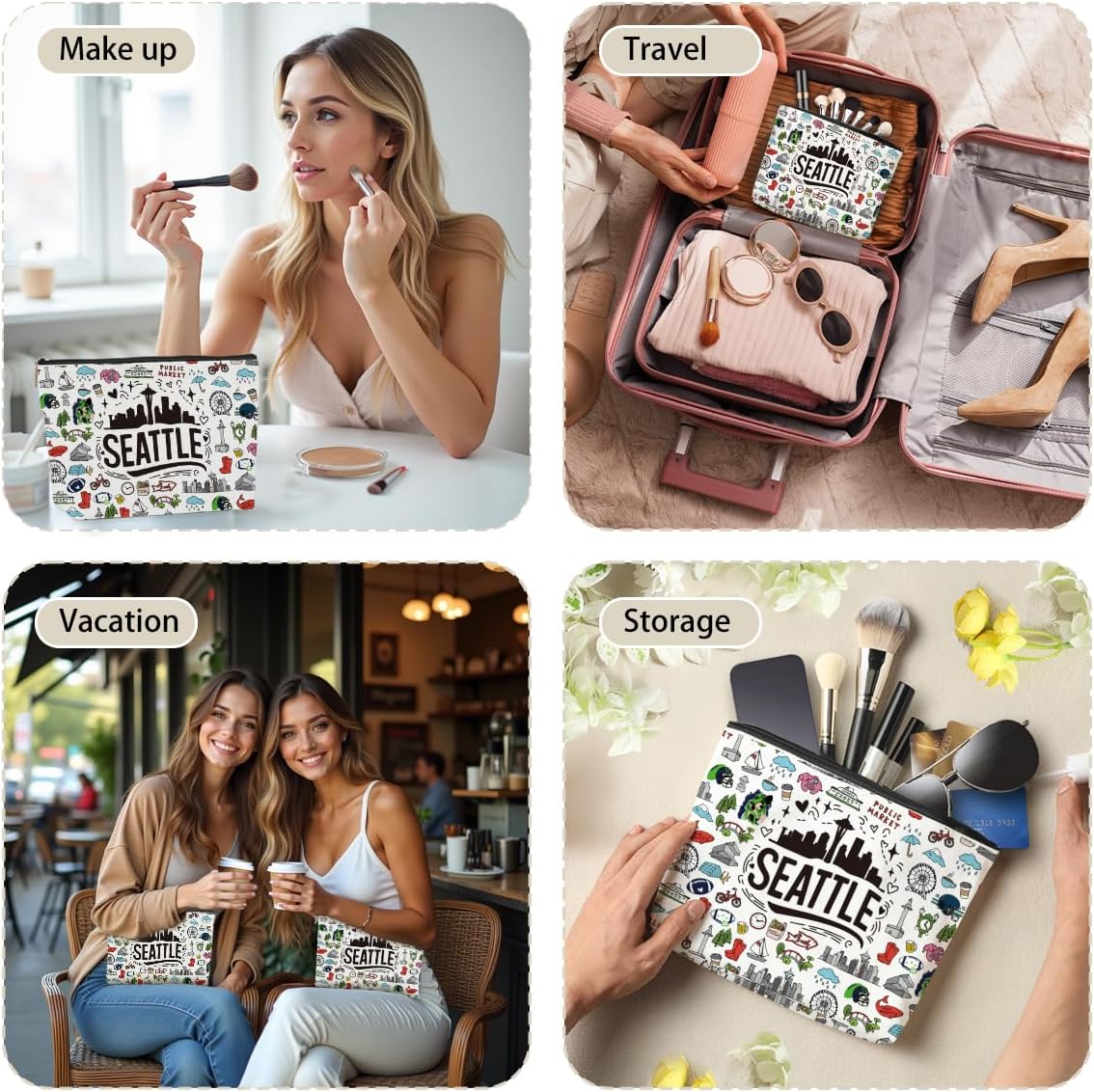 4PCS Seattle Themed Makeup Bag - Seattle Souvenirs Gift for Women, Best Friend, Sister - Travel Friendly Cosmetic Bag, Birthday Christmas Gifts