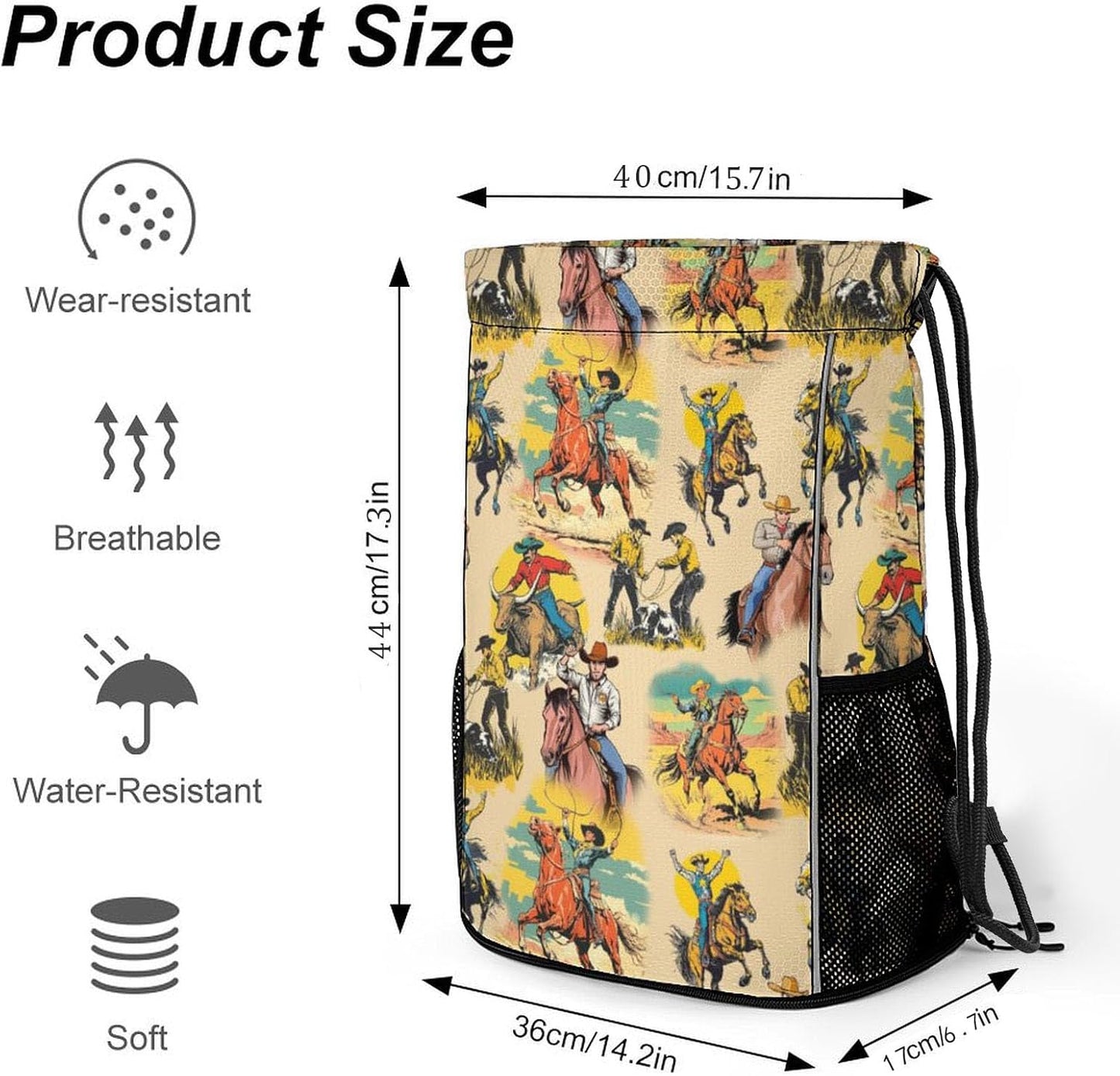 Western Drawstring Backpack Gym Bag With Shoe Compartment String Bag Sport Beach Swimming Sackpack For Women Men