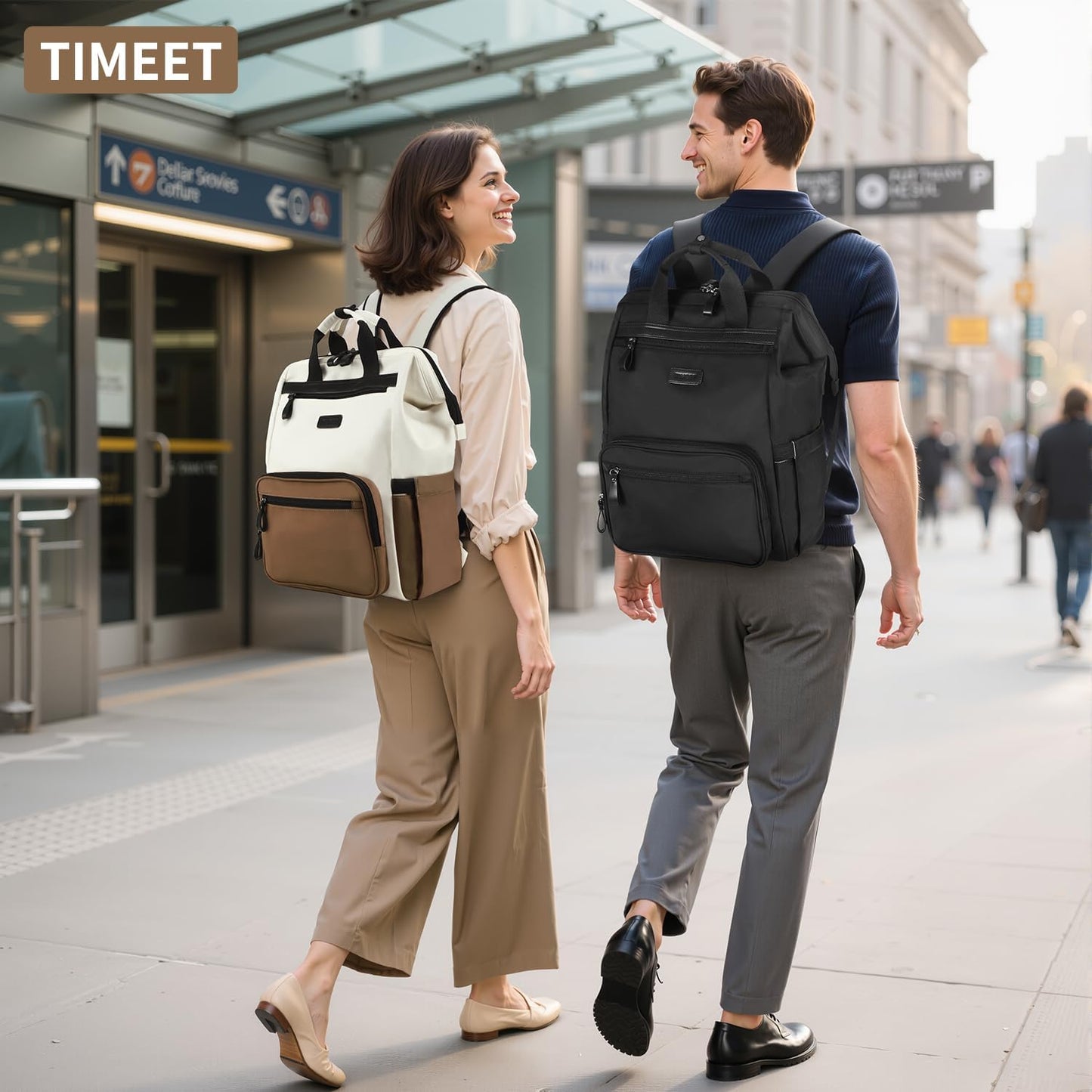 Timeet Laptop Backpack for Women Men, 17 Inch Travel Backpack with USB Charging Port, Water Resistant & Anti-theft for Work College Business, Multifunctional Carry on Backpack, White-brown