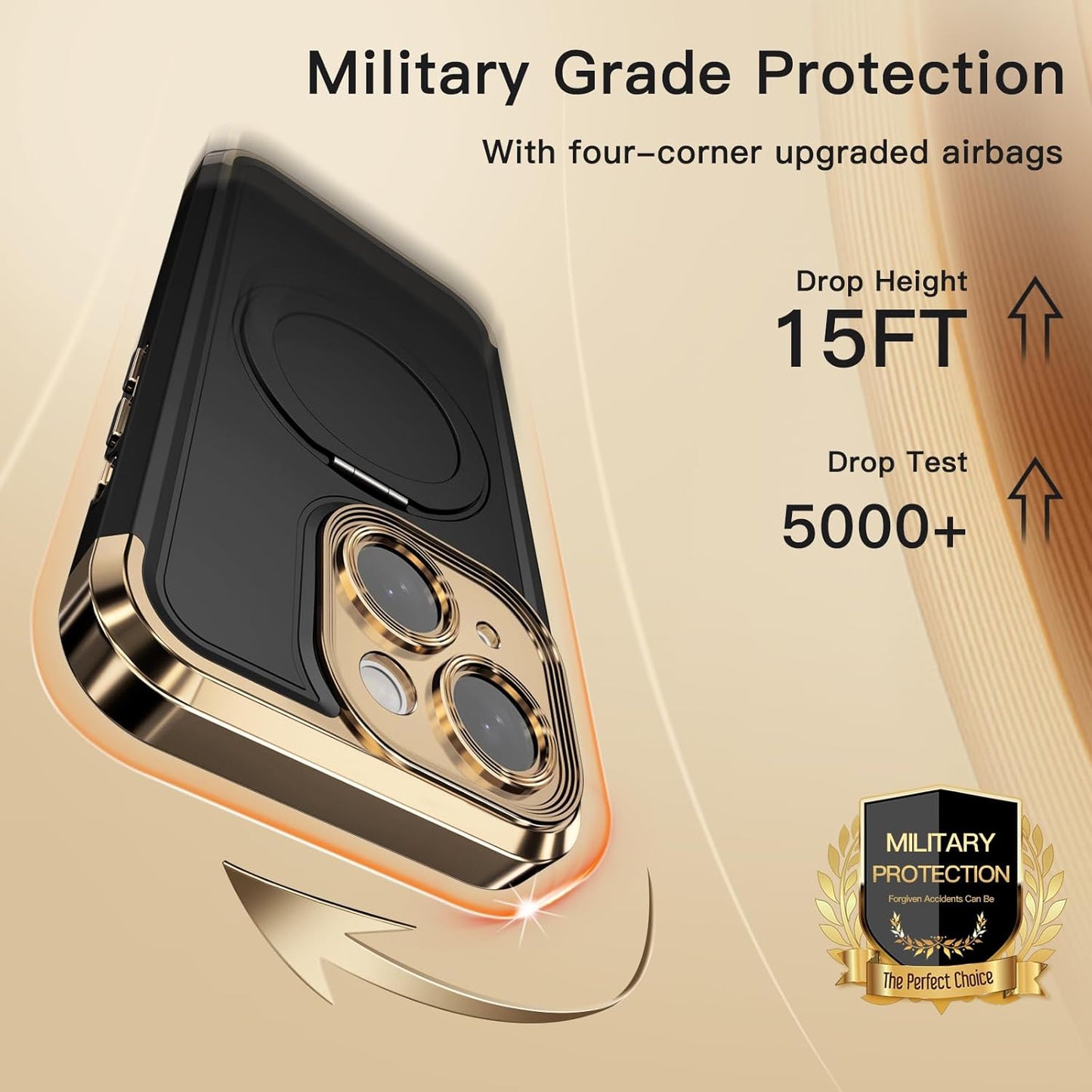 COOLQO for iPhone 15 Case 6.1'' Upgraded 360° Spin Magnetic Stand [Compatible with Magsafe][Military Protection] Plating Matte Scratch-Resistant Back Protective Shockproof Phone Case, Black Gold