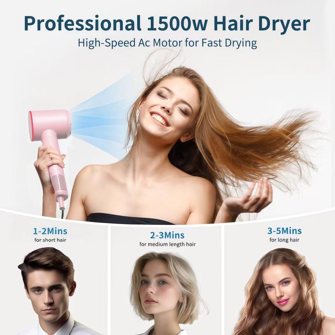 High Speed Hair Dryer,200 Millions Negative Ionic Blow Dryer,Powerful 1500W Fast Drying Low Noise Blow Dryer,Temperature-Control Hairdryer with Diffuser & Nozzle (Pink)