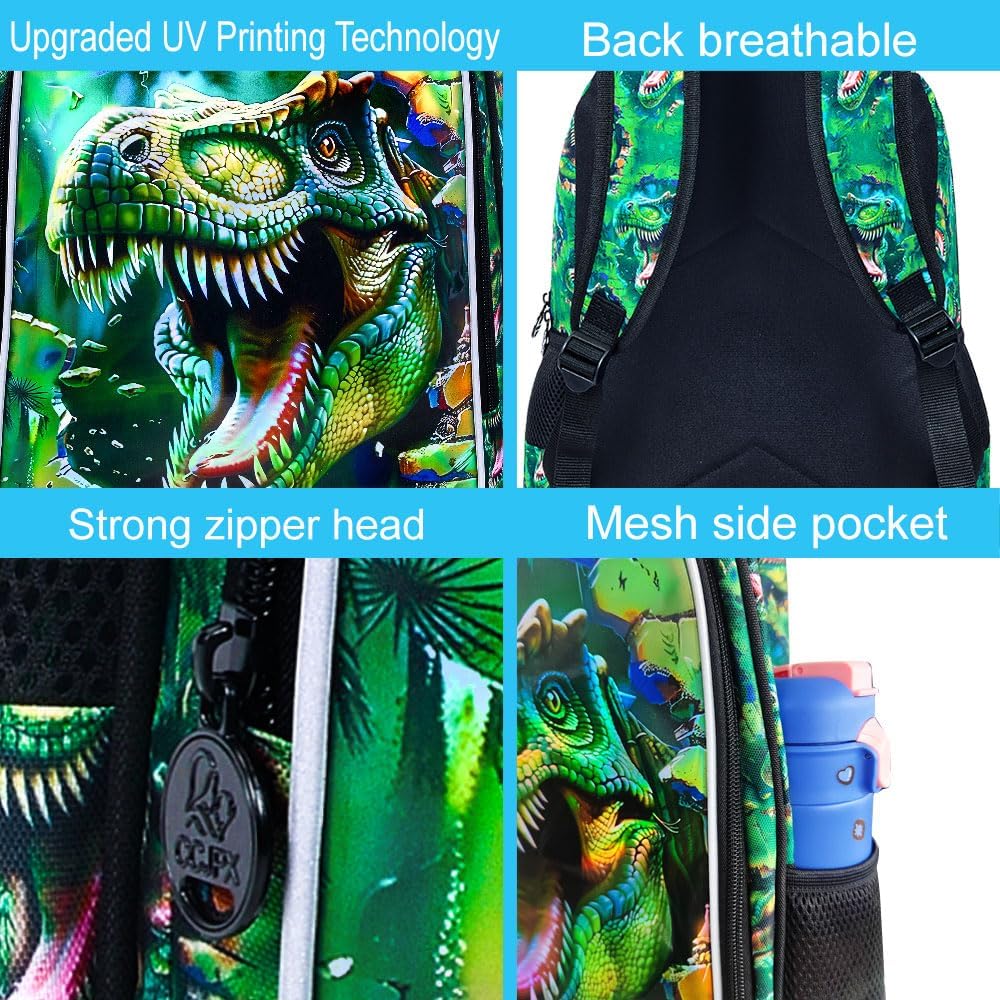 3Pcs Boys Backpack, 16" Dinosaur Bookbag for Elementary Preschool Kindergarten, Dino Kids School