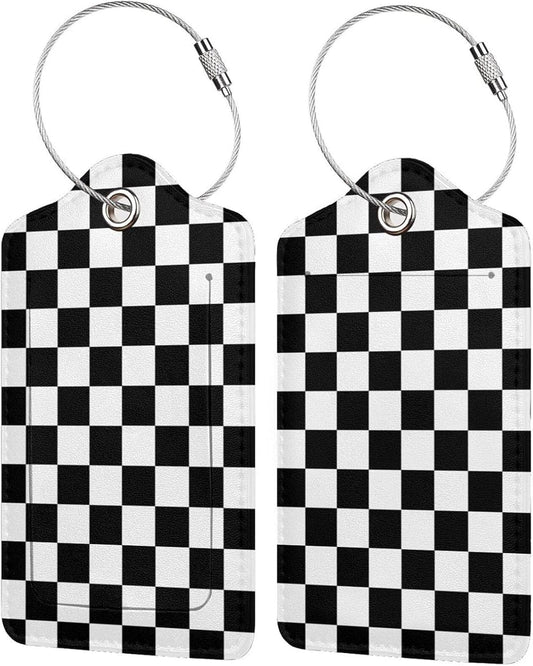 2 Pack Luggage Tags for Travel PU Leather Luggage Tag Name ID Labels with Privacy Cover for Suitcases Women Men Kids Girls (Black and White Grid)