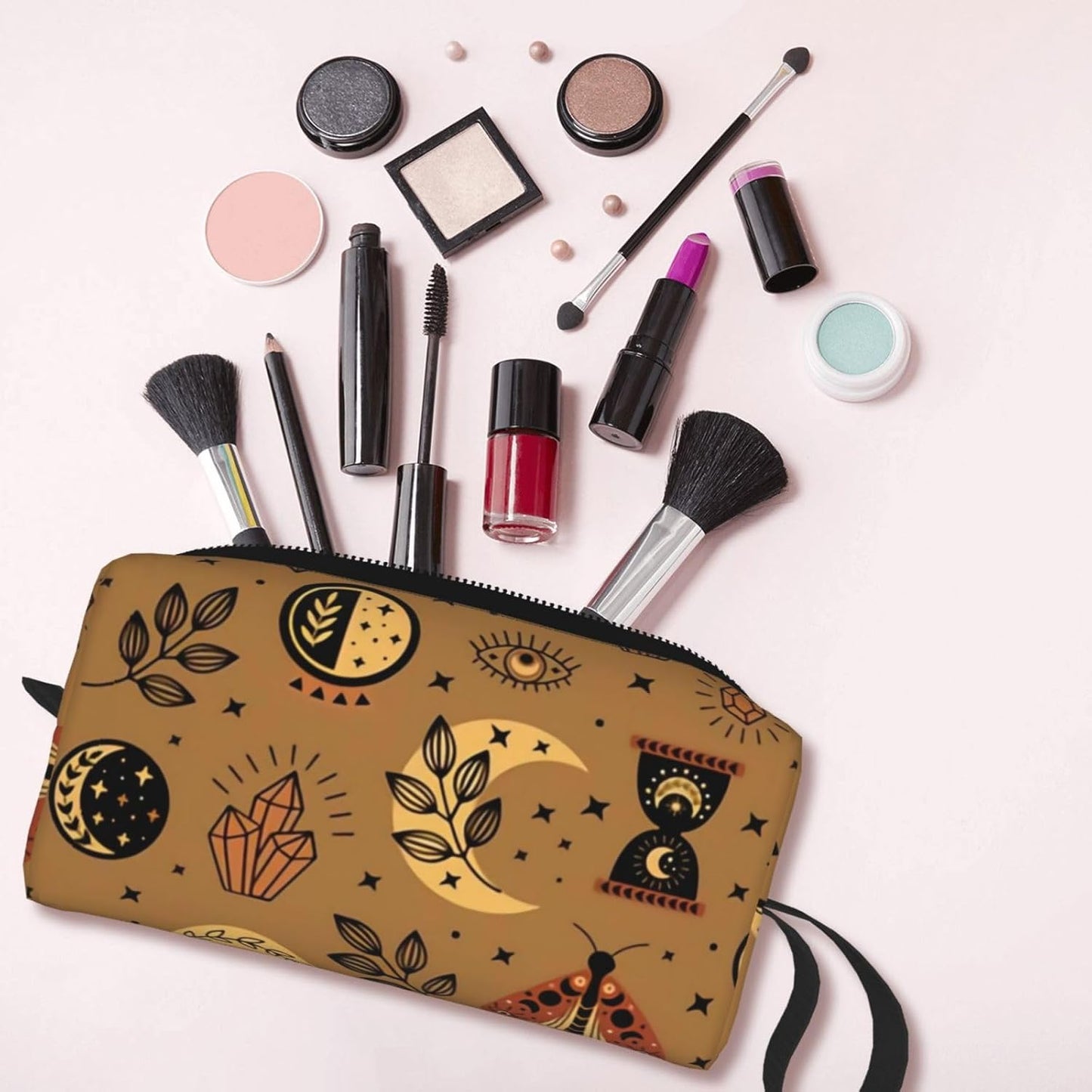 Mystical Moon & Star Makeup Bag Small Organizer Small Travel Cosmetic Bags Compact Durable Oxford Fabric Multi-Purpose Storage Perfect for Travel, Gym, Daily Use