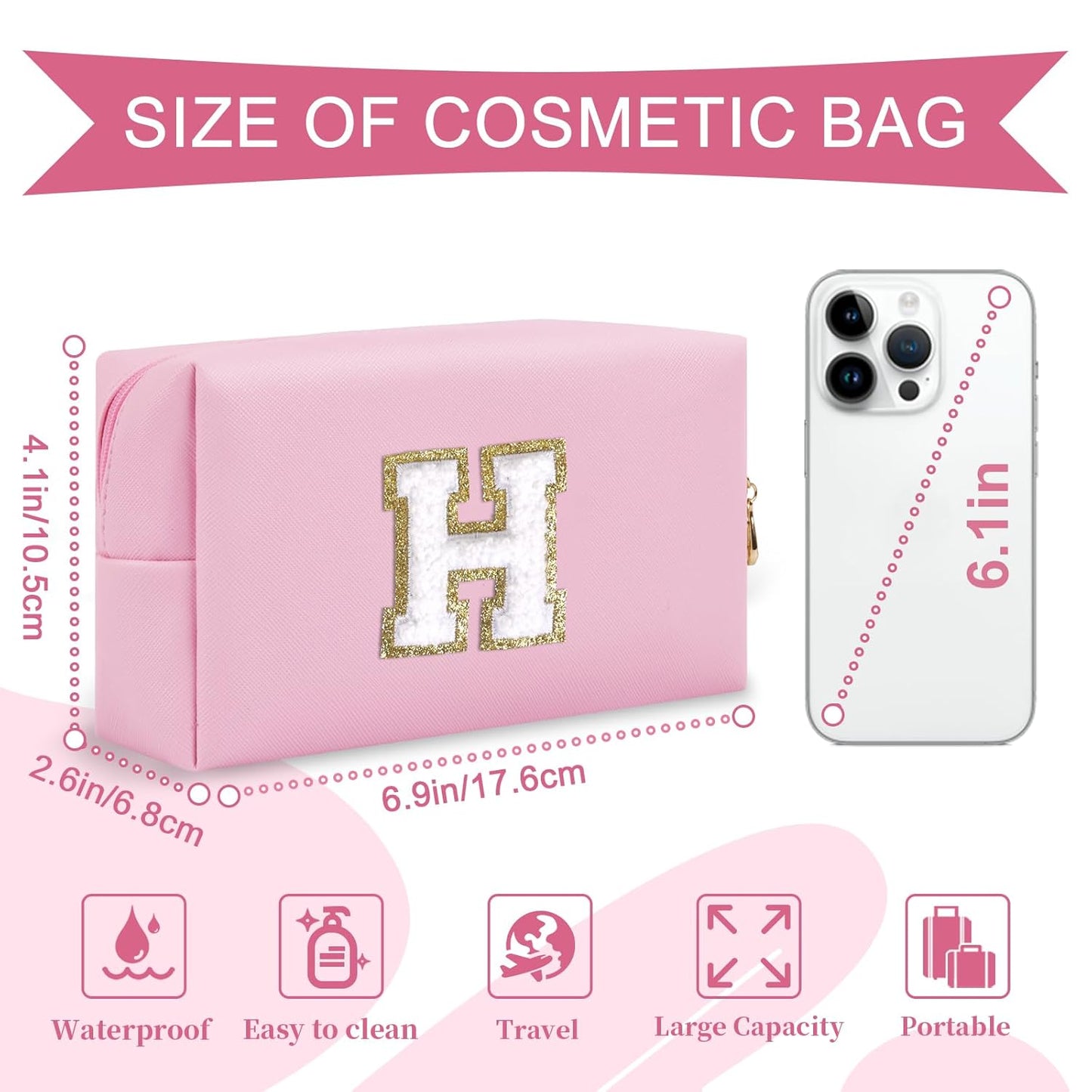Personalized Initial A-Z Preppy Patch Makeup Bag,Small PU Chenille Letter Cosmetic Bag with Zipper