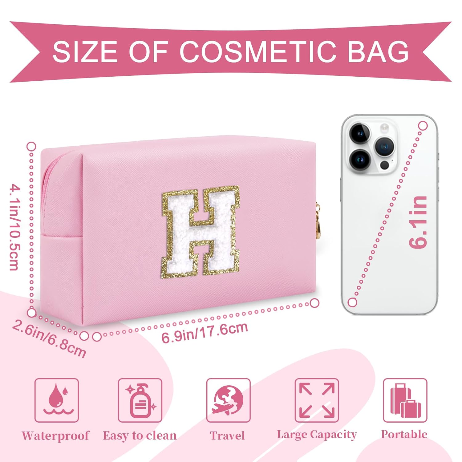 Personalized Initial A-Z Preppy Patch Makeup Bag,Small PU Chenille Letter Cosmetic Bag with Zipper