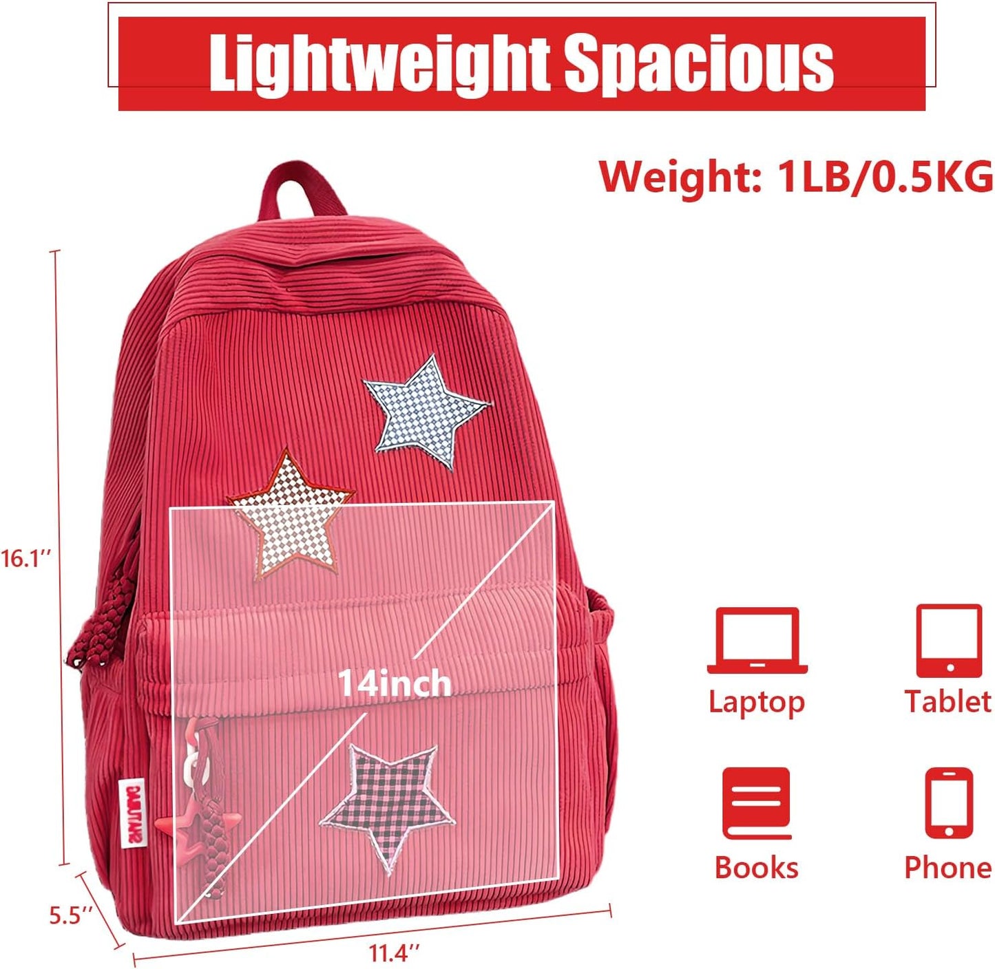 Corduroy Backpack with Star Pattern, Trendy and Versatile, Fits 14'' Laptop Large Capacity Daily Commute (Red)