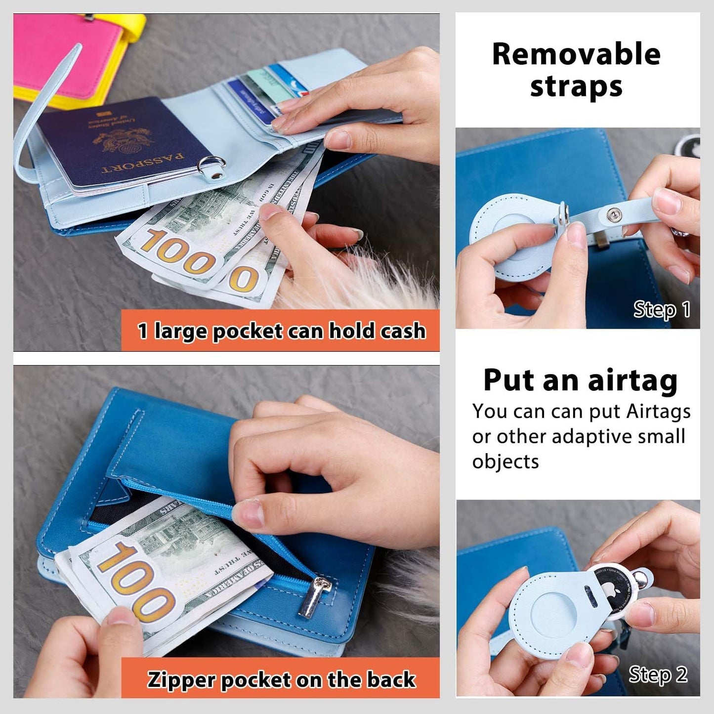 Deziliao Passport wallets, Mulit-purpose RFID Blocking Passport Holder AirTag Wallet, Travel Wallet (Blue)