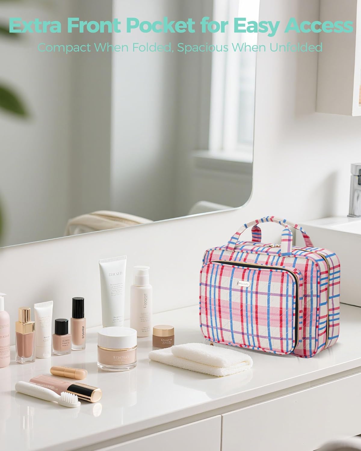 Travel Hanging Toiletry Bag for Women,Makeup Bag Cosmetic Organizer Waterproof with Hanging Hook Multiple Pockets for Women Travel Essentials Plaid Red