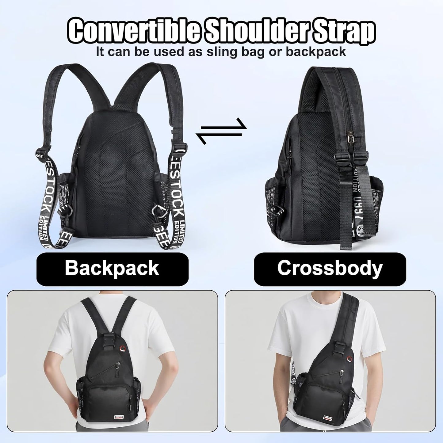 Sling Bag for Women Man, Convertible Sling Backpack with Convertible Shoulder Strap Casual Backpack Daypack for Travel, Hiking and Daily Commute, (Black, Large)