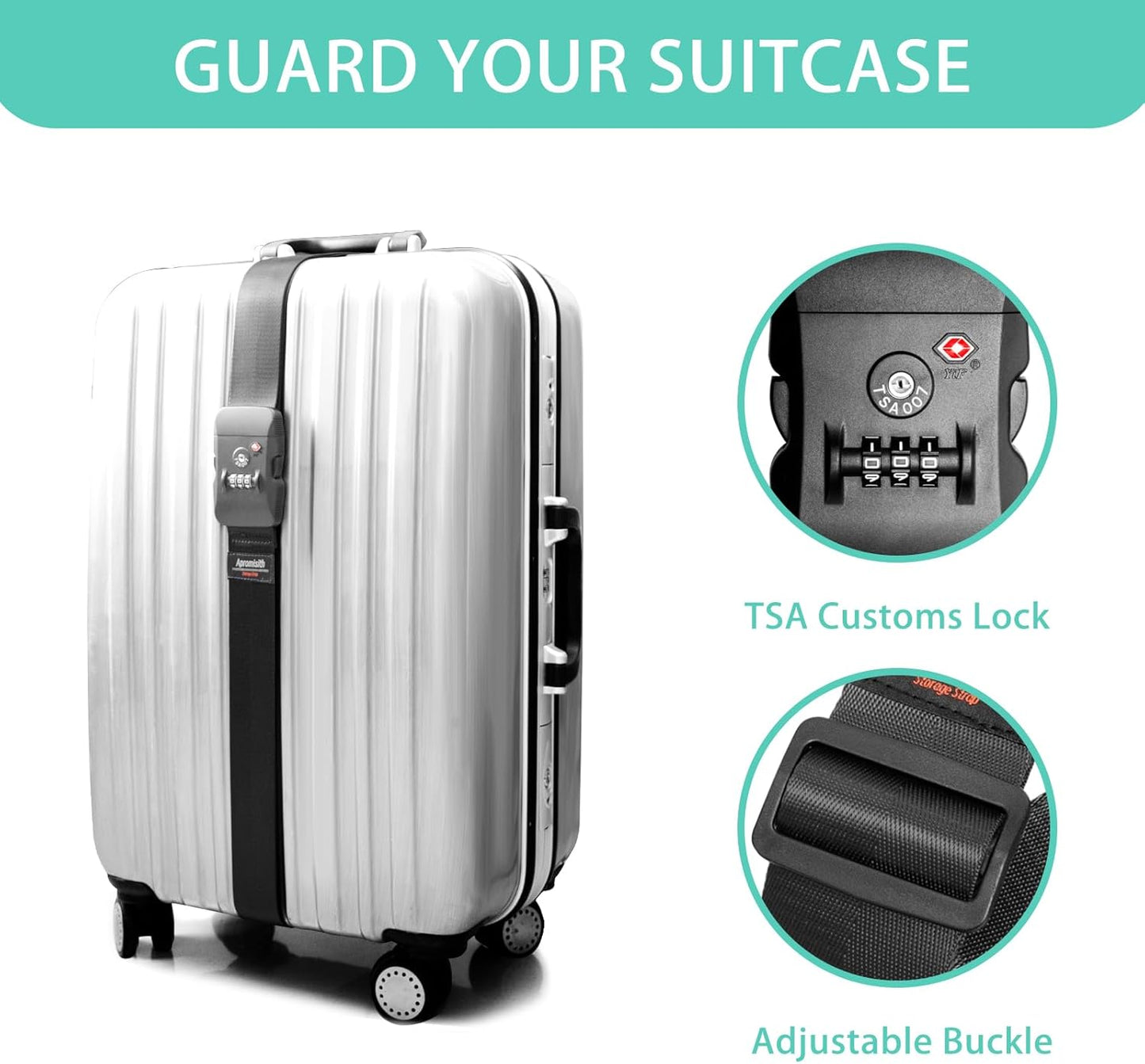 Luggage Strap Belt for 20"-32" Suitcase with TSA Approved 3-Dial Combination Lock Wide Adjustable Packing Straps Travel Accessories, Black
