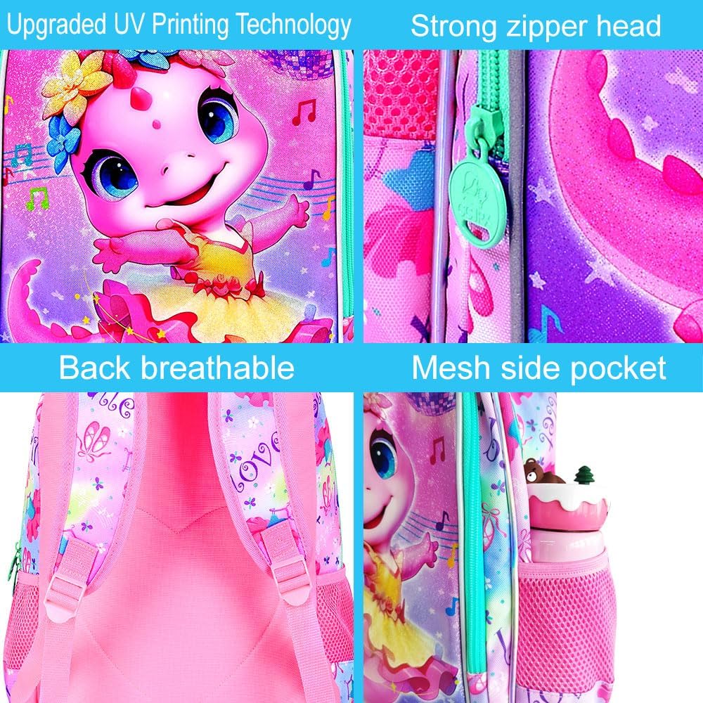 CCJPX 3PCS Dinosaur Backpack for Girls, 16 Inch Kids Ballet Preschool School Backpacks with Lunch Box, Cute Ballet Water Resistant Bookbag with Elementary Toddler Travel