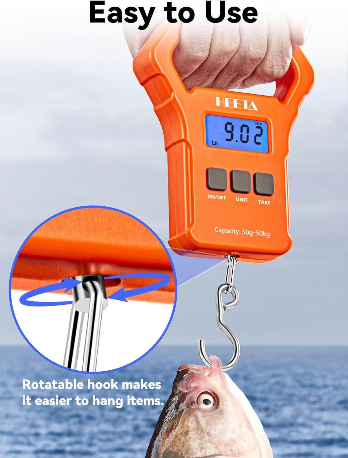 HEETA Fish Scale, 110lb/50kg Digital Portable Hanging Fishing Weight Scale with Backlit LCD Display, Luggage Scale with Hook, Non-Slip Large ABS Handle & 2 AAA Batteries, Fishing Gifts Gear for Men