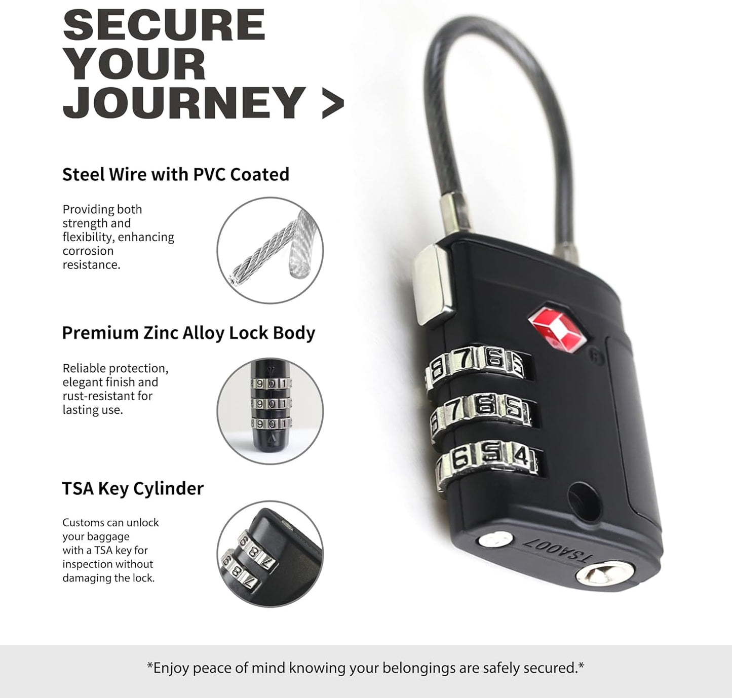 TSA Locks for Luggage, Small Padlock Combination, Luggage Locks TSA Approved, Combo Padlocks with Cable for Suitcase, Gym Locker, Backpack, Gun Case, Bag Zipper, Tool Box (Black+Black)