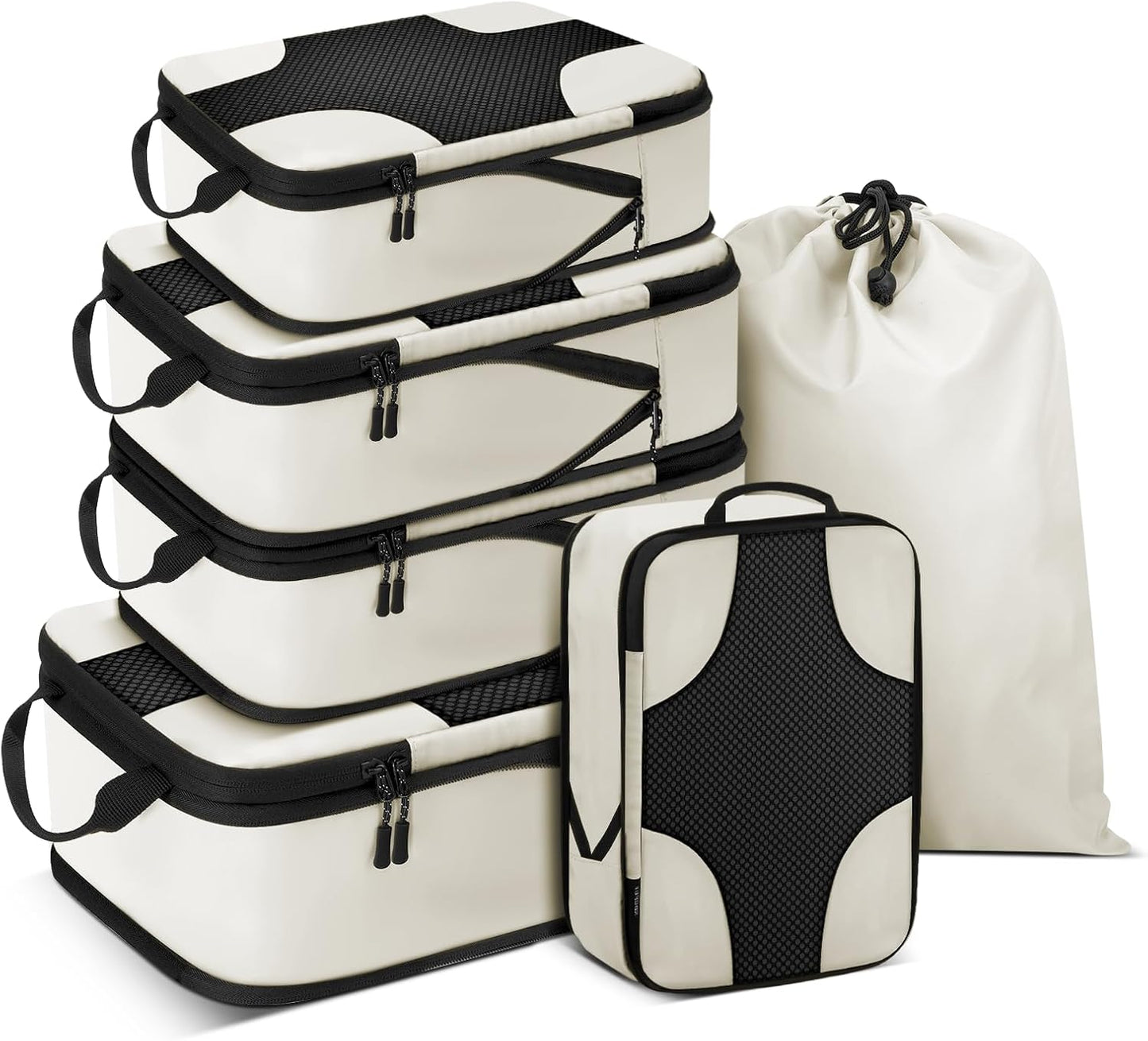 6 Set Compression Packing Cubes Bags for Travel Women, Compression Bags Organizer for Packing Luggage Space Saving, Suitcase Organizer Bags Set for Travel Essentials - Beige