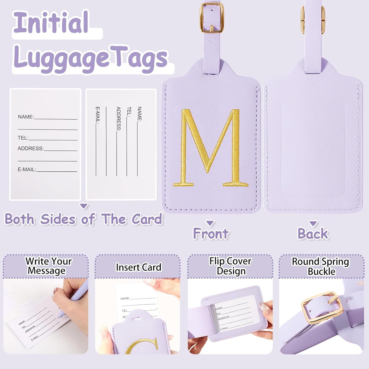 Personalized Initial Luggage Tags for Suitcases, Cute PU Leather Embroidered Letter Travel Luggage Tags, Suitcase Identifier Name Baggage Tag, Bag Tags for Men Women Kids Luggage Handbags(Purple M)