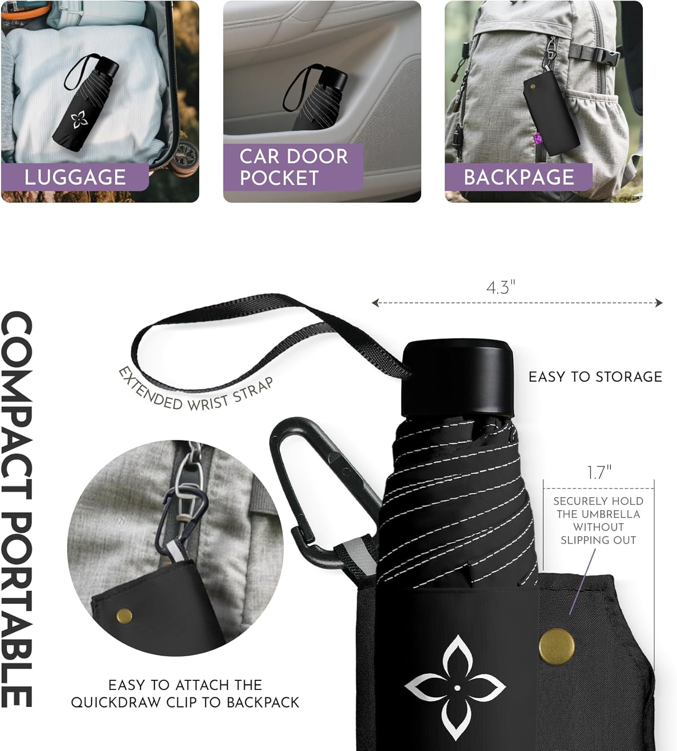 Windproof Travel Mini Umbrella - Manual Open Close with No Rebound for Seniors & Kids, Small Compact and Portable for Rain, Reflective Design for Night Safety Men & Women