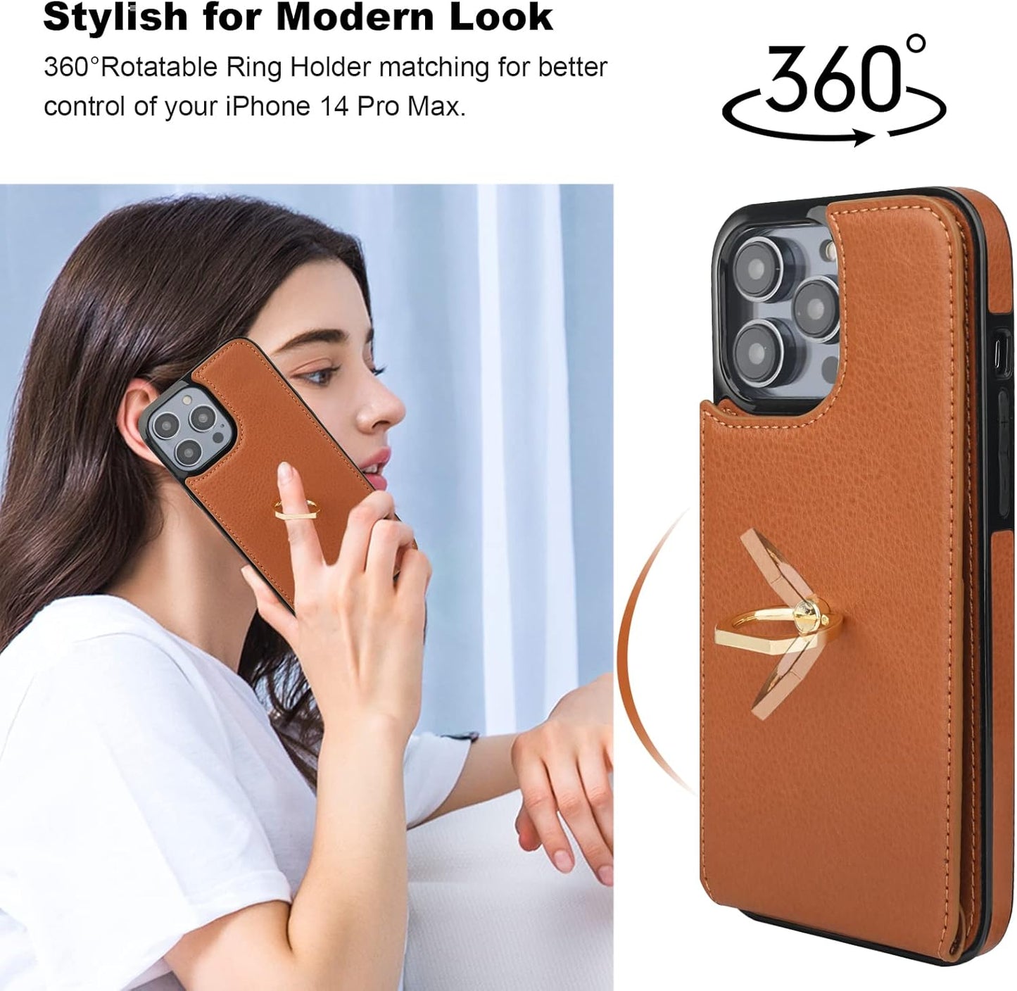 Folosu Compatible with iPhone 14 Pro Max Case Wallet with Card Holder, 360°Rotation Finger Ring Holder Kickstand, RFID Blocking Leather Protective Double Buttons Shockproof Cover 6.7 Inch Brown