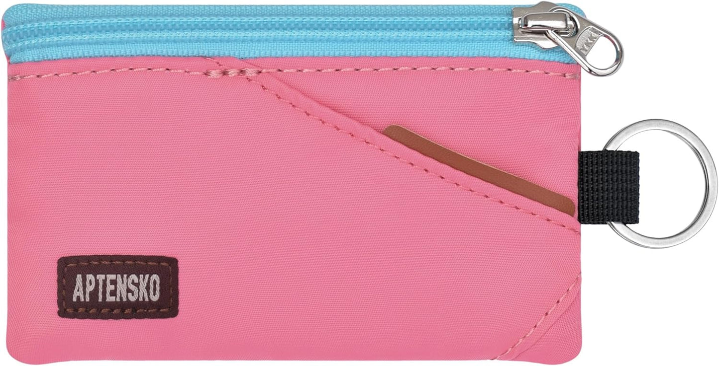 RFID Travel Wallet with Adjustable Lanyard-Zipper Small Wallet with ID Card Holder, Keychain for women&men-Minimalist Slim Waterproof Nylon case for ID, Cash, Key (Pink)