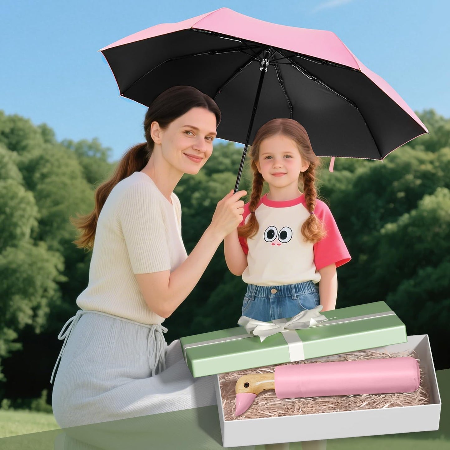 LEAGERA Compact Small Umbrellas for Rain&Sun, Cute Design Duck Head Umbrella for Girls Gifts, 8 Ribs Folding Umbrella with Wooden Handle