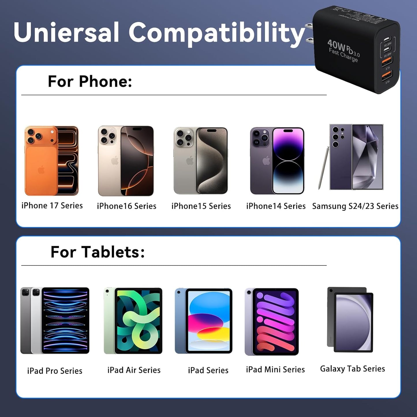 USB C Wall Fast Charger Block, 40W 4-Port Type C Chargers Fast Charging Blocks PD Power Charger Adapter+QC 3.0 USB Multiport Charger Brick for Phone 17/16/15/14/13/12 Pro Max, i-Pad, Galaxy S25-2Pack