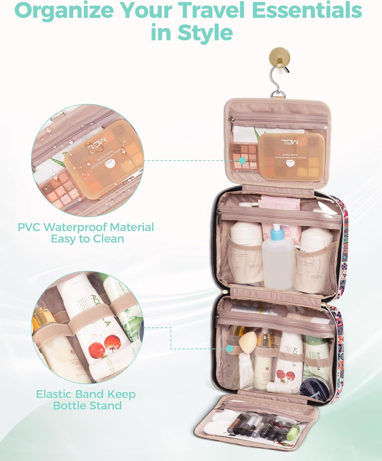 Travel Hanging Toiletry Bag for Women, 12'' x 4.3'' x 9'' Makeup Bag Cosmetic Organizer Waterproof with Hanging Hook Multiple Pockets for Women Travel Essentials Bohemia