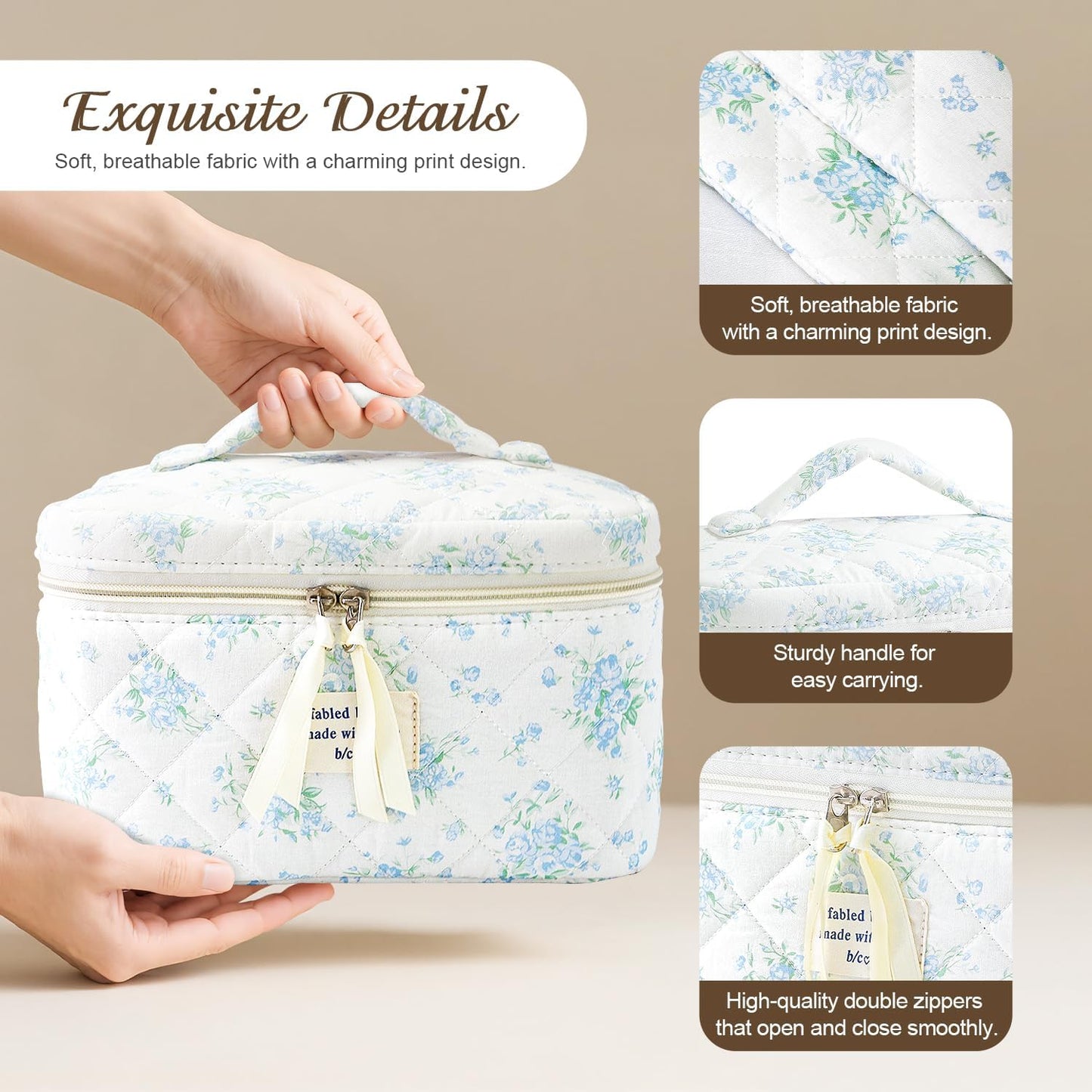 3Pcs Cotton Quilted Makeup Bag for Women Girls, Large Floral Cosmetic Bag Set Cute Makeup Brushes Aesthetic Accessories Storage Bag Blue Rose Flower Travel Toiletry Bag Organizer