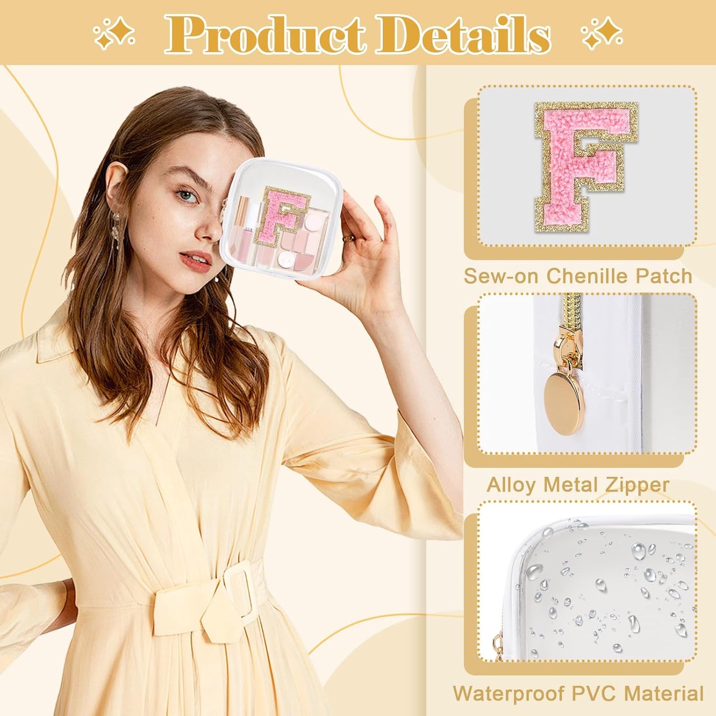 Personalized Initial Letter Clear Preppy Makeup Bag,Mini Nylon Chenille Letter Cosmetic Bag Cute Zipper Pouch Purse for Teen Girls,Portable TSA Approved Beach Travel Essentials Bag Gift for Women,F