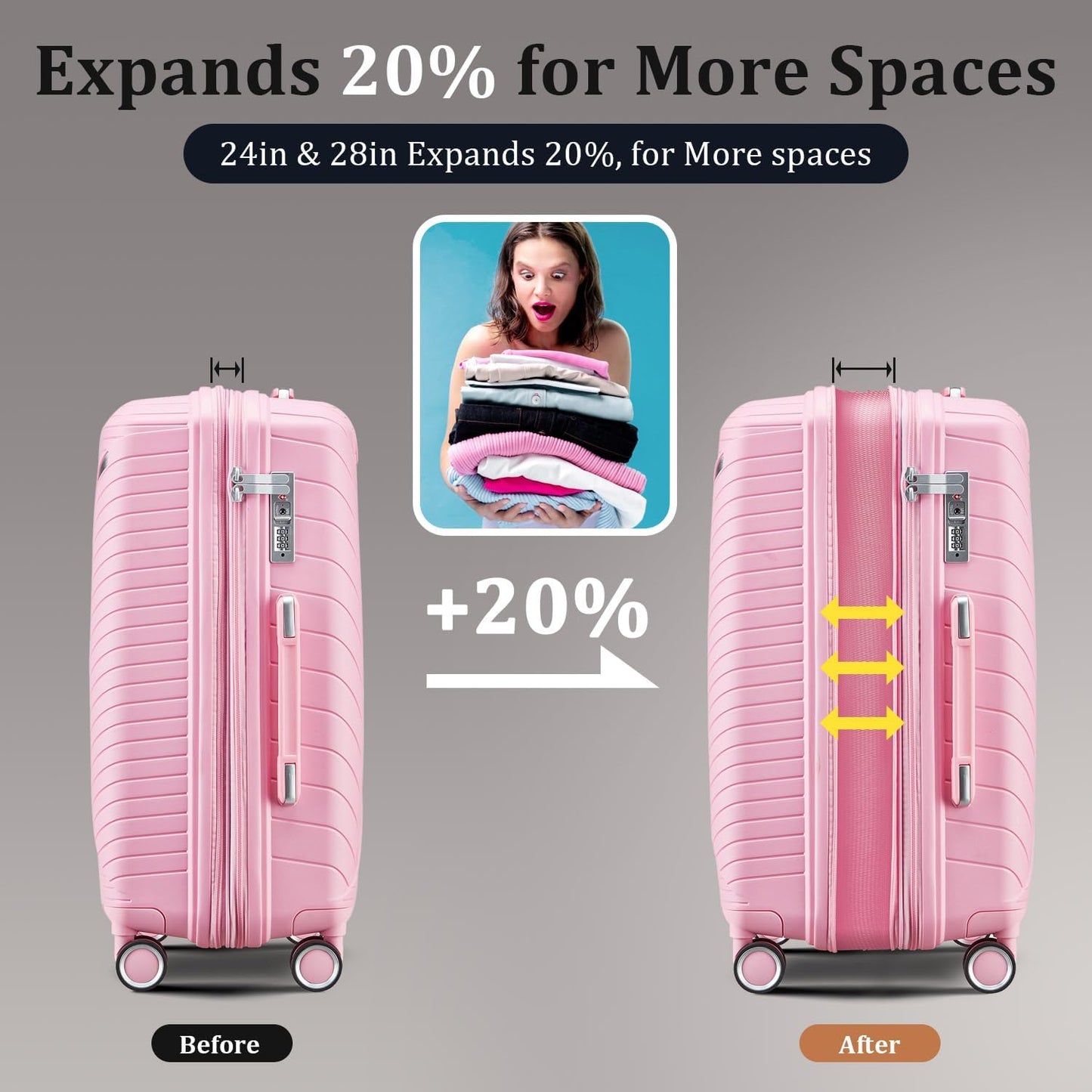 4-Piece Expandable Hardshell Luggage Set with TSA Lock (14/20/24/28) - Lightweight PP Suitcases, 360° Silent Spinner Wheels and Durable 100LB Handle for Air Travel (D# Pink)