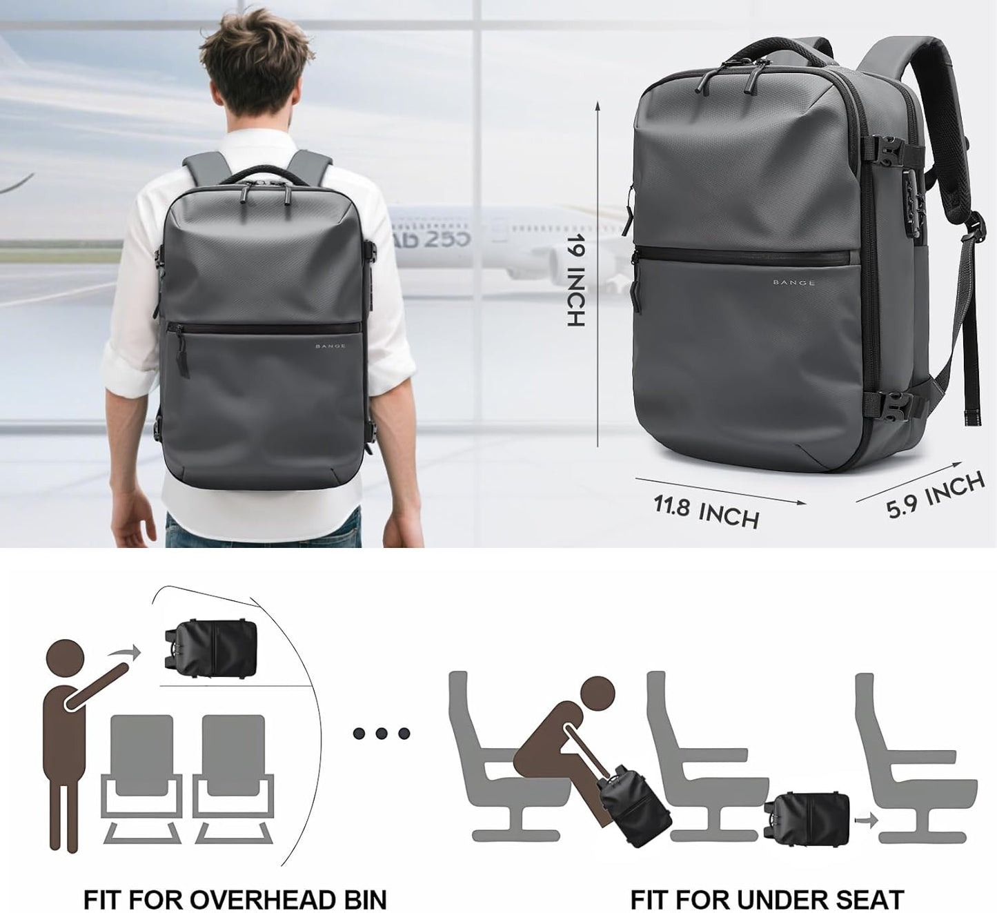 BANGE Travel Backpack with Vacuum Pocket and TSA lock version can hold 15.6 inch Laptop suitable Overnight Flight Approved Anti-theft Bag