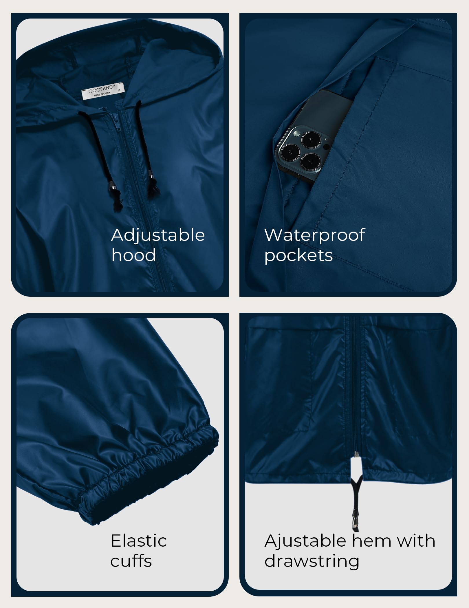 COOFANDY Rain Gear for Men Waterproof Lightweight Raincoats with Hood