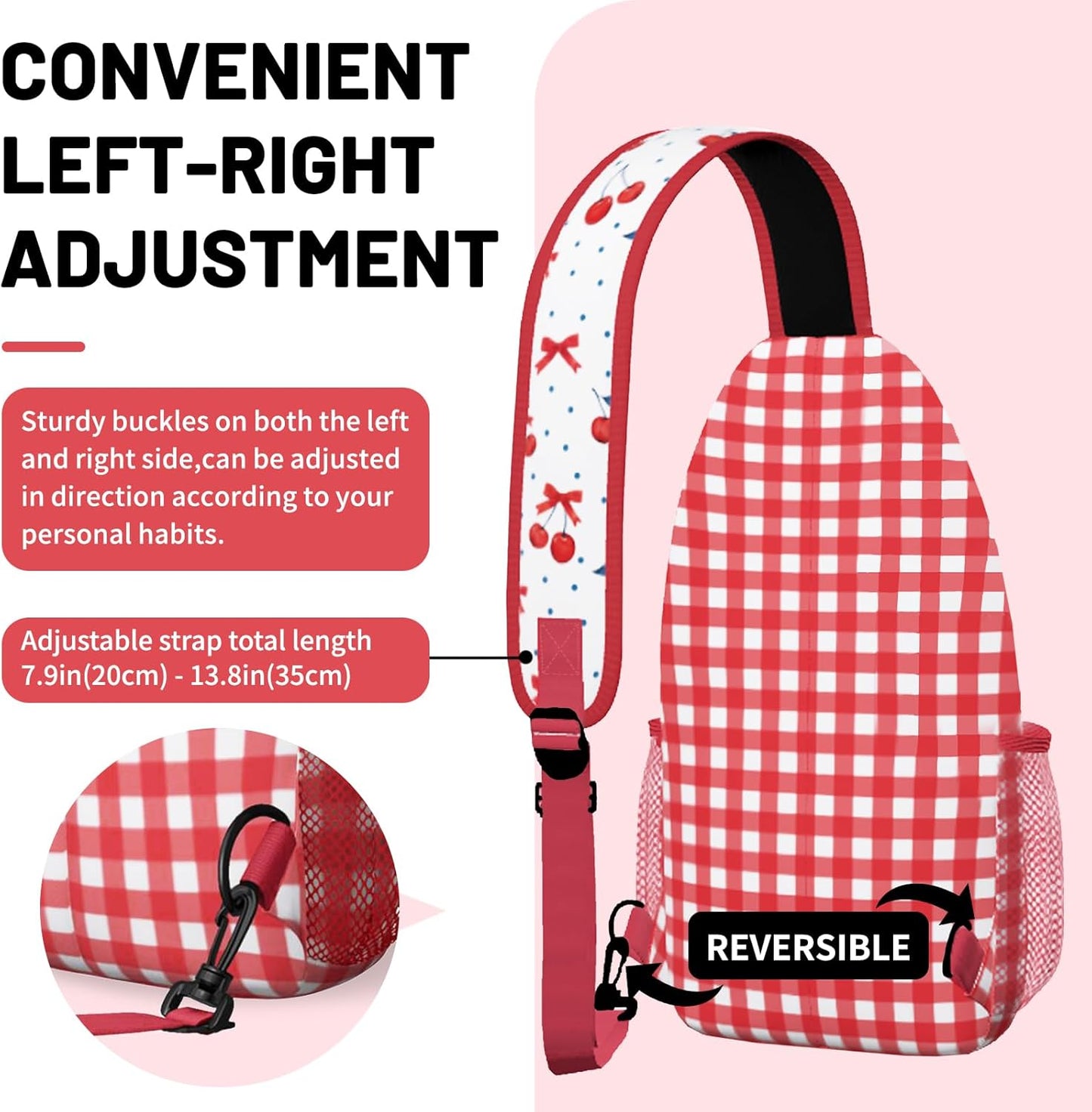 Red Cherry Plaid Sling Bag Crossbody Chest Bag for Women Men, Water Resistant Lightweight Casual Crossbody Bag with Adjustable Strap, Travel Hiking Daypack Shoulder Backpack