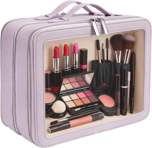 Clear Makeup Bag,Large Toiletry Case for Women,PU Leather Travel Cosmetic Bag,Detachable Makeup Case,Double Compartment Make up Organizer