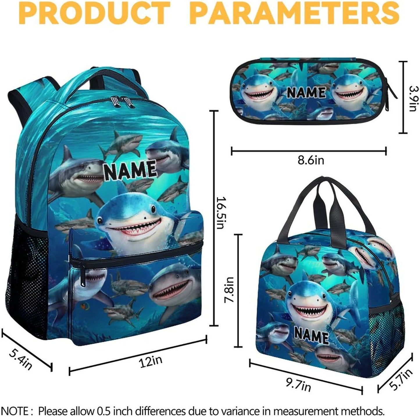 Custom Shark Backpack with Lunch Box, Set of 3 School Backpacks Matching Combo, Cute Blue Bookbag and Pencil Case Bundle