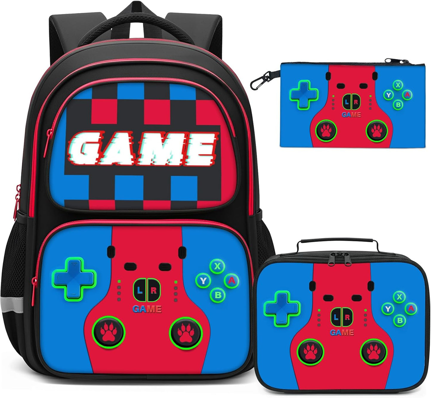 Gaming Backpack for Boys 3pcs Set - Video Game Themed School Bookbag with Lunch Box and Pencil Case for Kids Teens, Elementary Middle High School Students, 17 Inch Large Capacity
