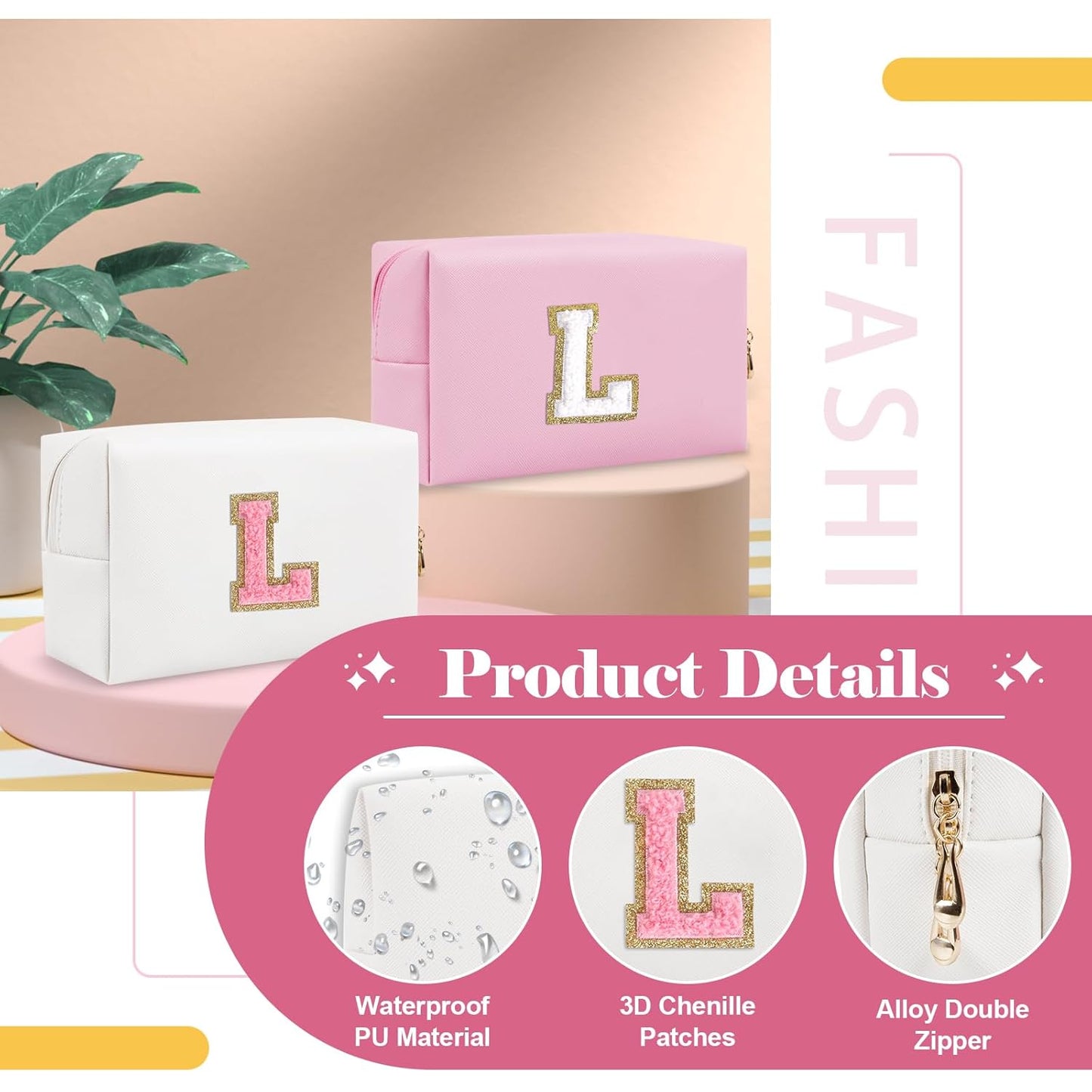 Personalized Makeup Bag Initial A-Z Preppy Patch Bag,Small PU Leather Travel Cosmetic Bag Pouch