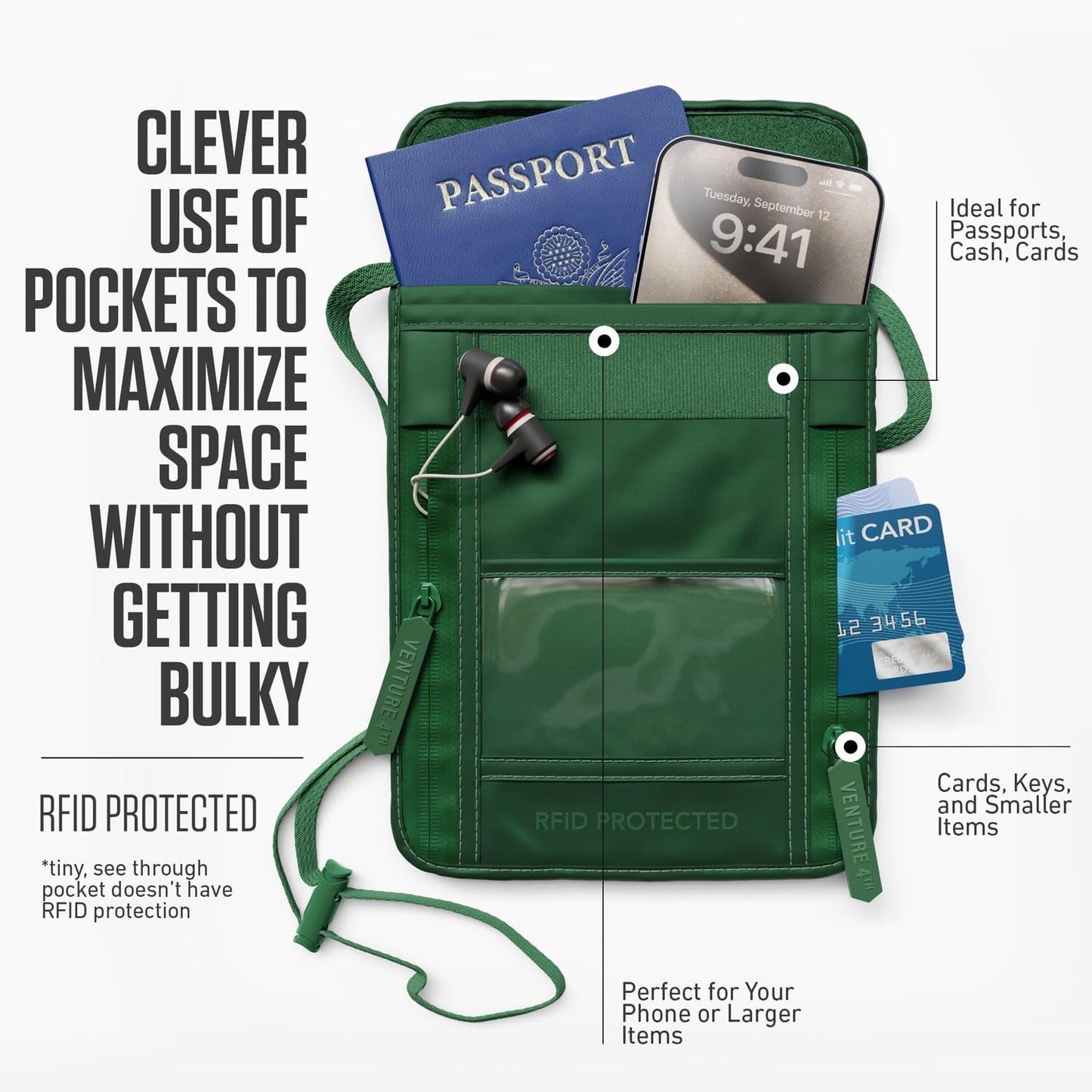 VENTURE 4TH Neck Wallet, RFID Blocking Passport Holder for Travel – Hidden Neck Pouch with 5 Compartments, Slim Lightweight Organizer with Adjustable Strap for Cash, Cards & Passport (Sleek Green)