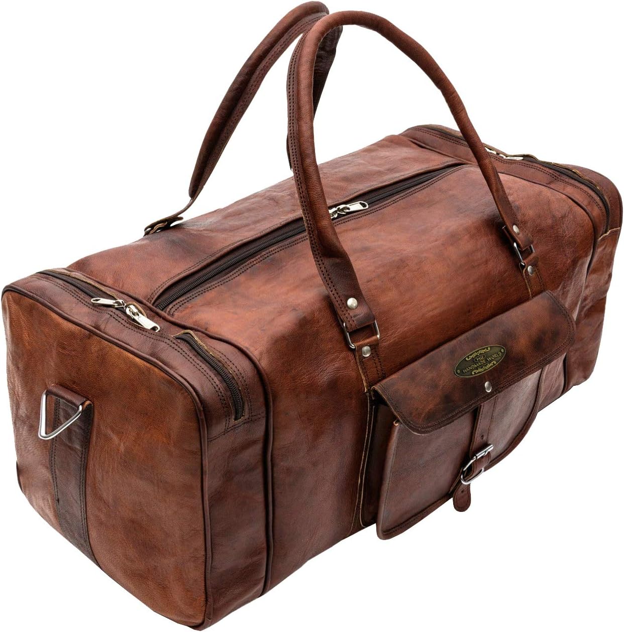 24 Inch Leather Duffle Bags for Men | Vintage Leather Travel Bags for Men and Women | Best Mens Genuine Brown Leather Luggage Weekender Overnight Duffel Carry On Full Grain Gym Sports Bag