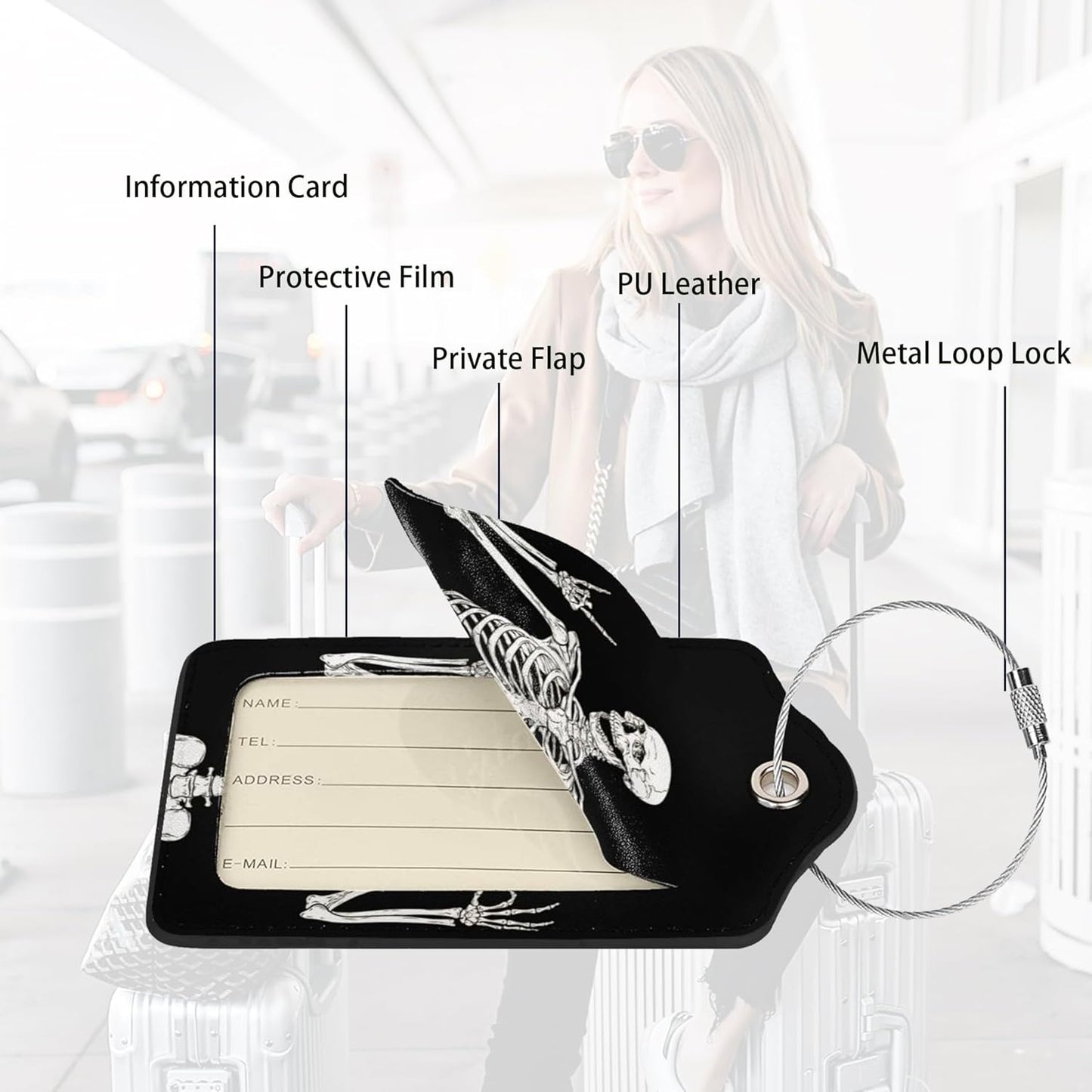 Skull Rock Roll 2 Pack Luggage Tag for suitcases Skeleton Travel PU Cute Leather Luggage Tag Name ID Labels with Privacy Cover Suitcases Women Men Girls Boys Fun Laggage Tags (Skeleton)