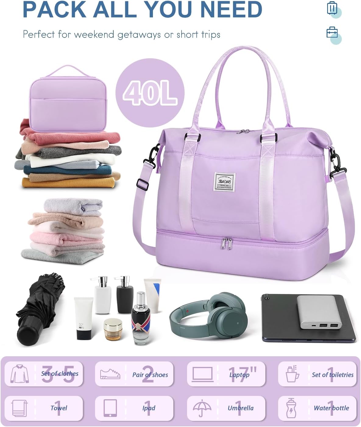 BAGAIL Travel Duffel Bag, Weekender Bags for Women, Overnight Gym Carry On Tote Bag with Wet Pocket, Hospital Mom Bag for Labor and Delivery - Extra Large Set, Purple