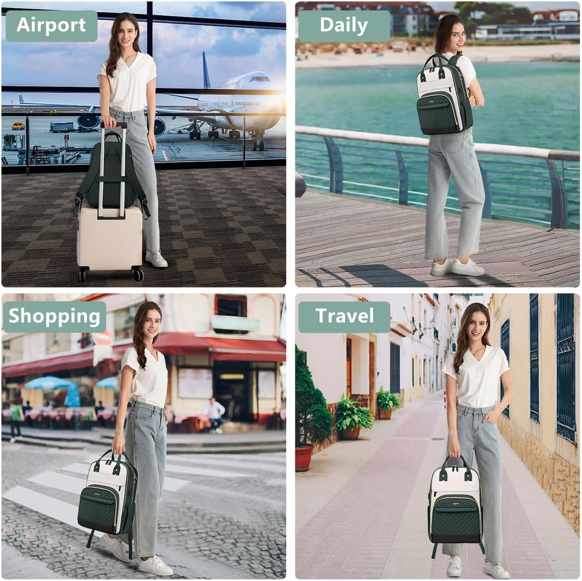 Laptop Backpack for Women Work Bag - 15.6 inch Travel Backpack with USB Charger Business Computer Backpacks for Work College Back pack for Teacher Casual Waterproof Bookbag for Nurses Beige Green