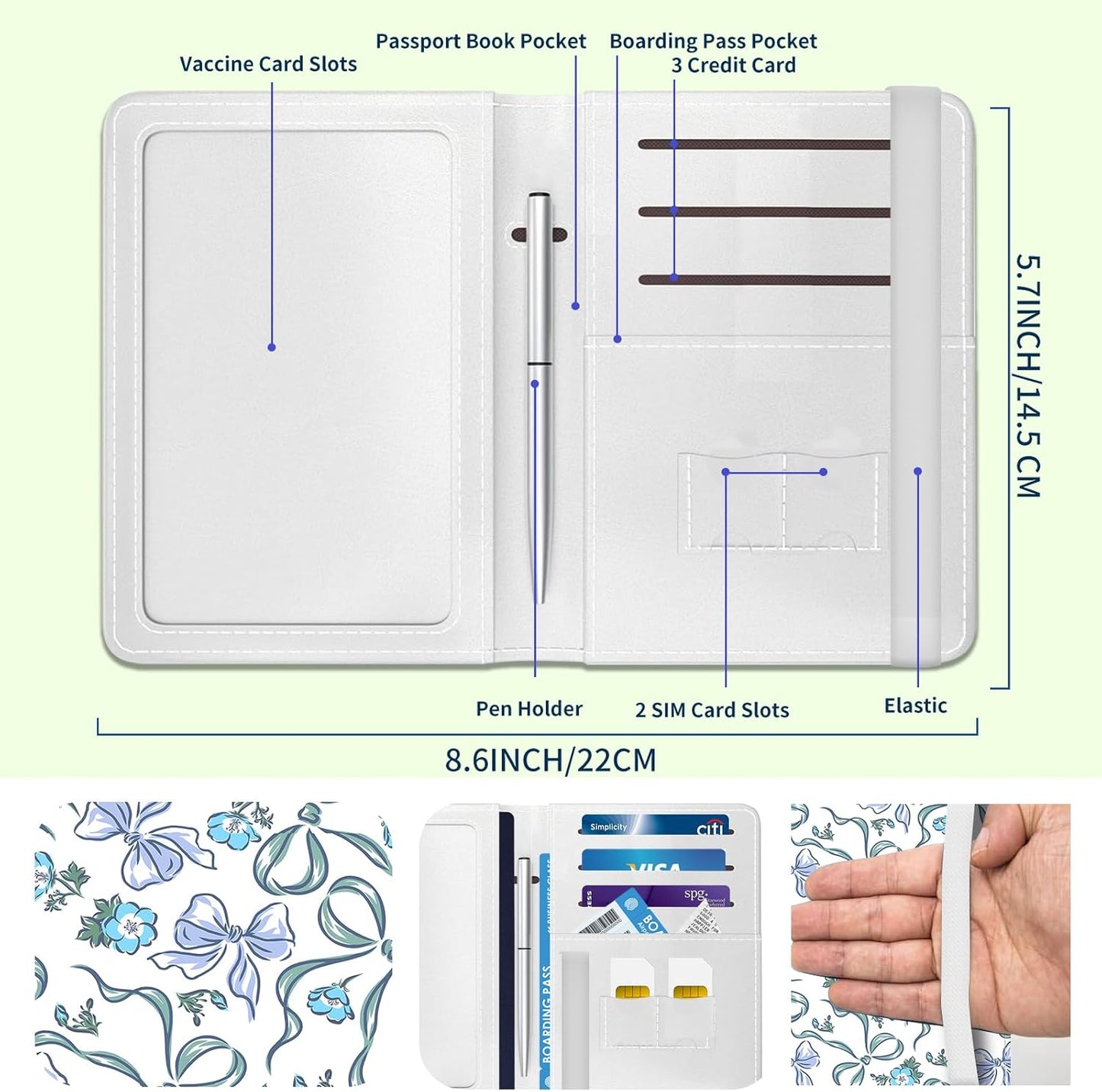Passport Holder for Travel Essentials, Leather RFID Blocking Passport Wallet Cover Case, Cute Passport Book Holders for Women and Men Blue Bowtie