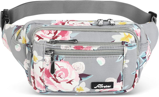 Waist Pack Bag Fanny Pack for Men&Women Hip Bum Bag with Adjustable Strap for Outdoors Workout Traveling Casual Running Hiking Cycling (New Grey Flowers)