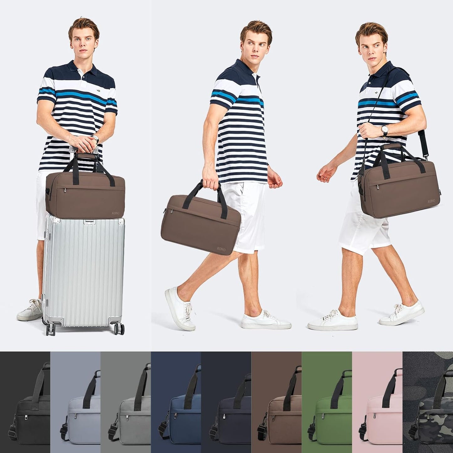Kono Travel Duffel Bag 48L Large Carry-on Bag Sports Tote Gym Bag Weekender Overnight Bags for Men Women 21.65"x13.78"x9.84" Brown