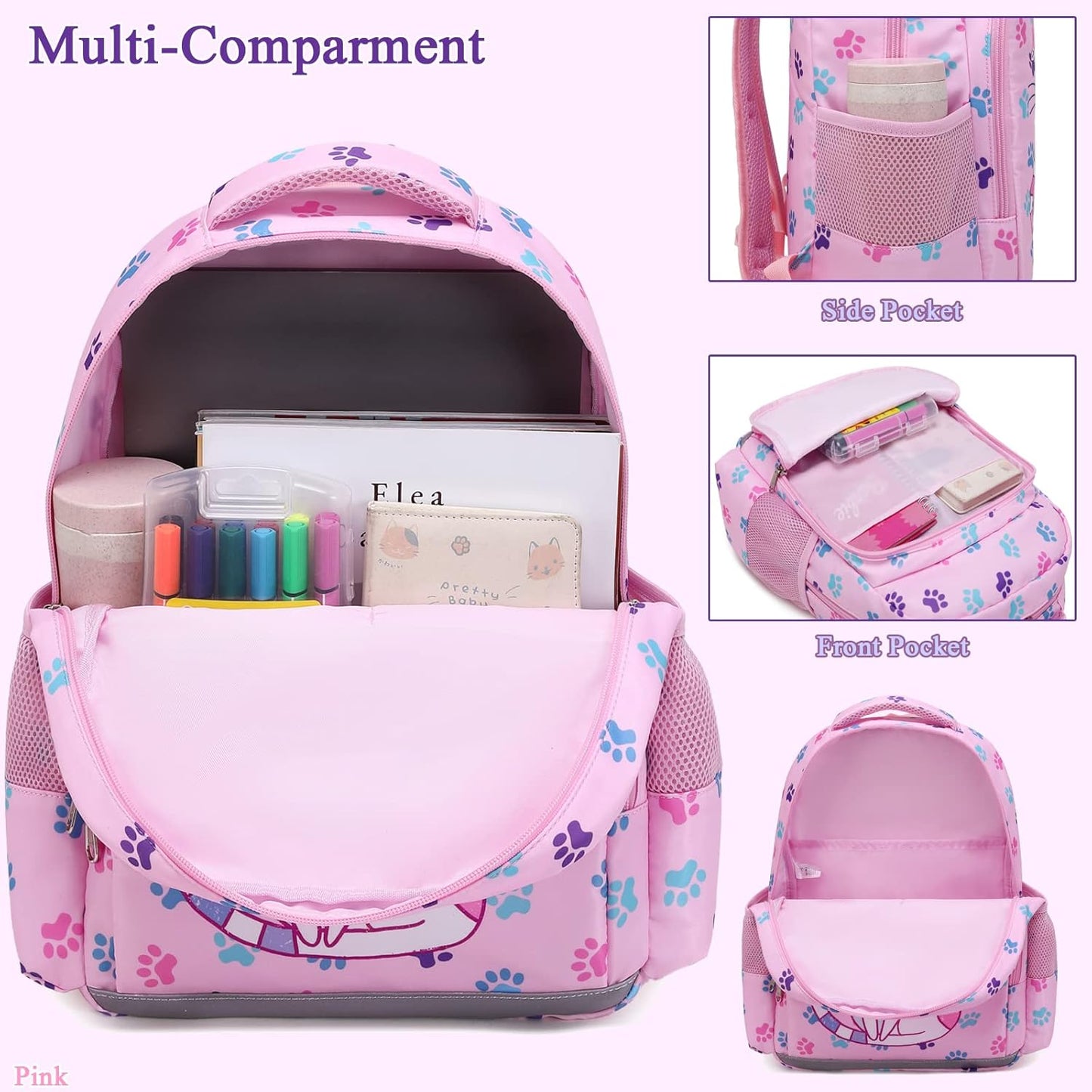 Octsky Backpack for Girls Kids School Backpacks with Lunch Box Preschool Kindergarten BookBag Set With Chest Strap Cat Pink