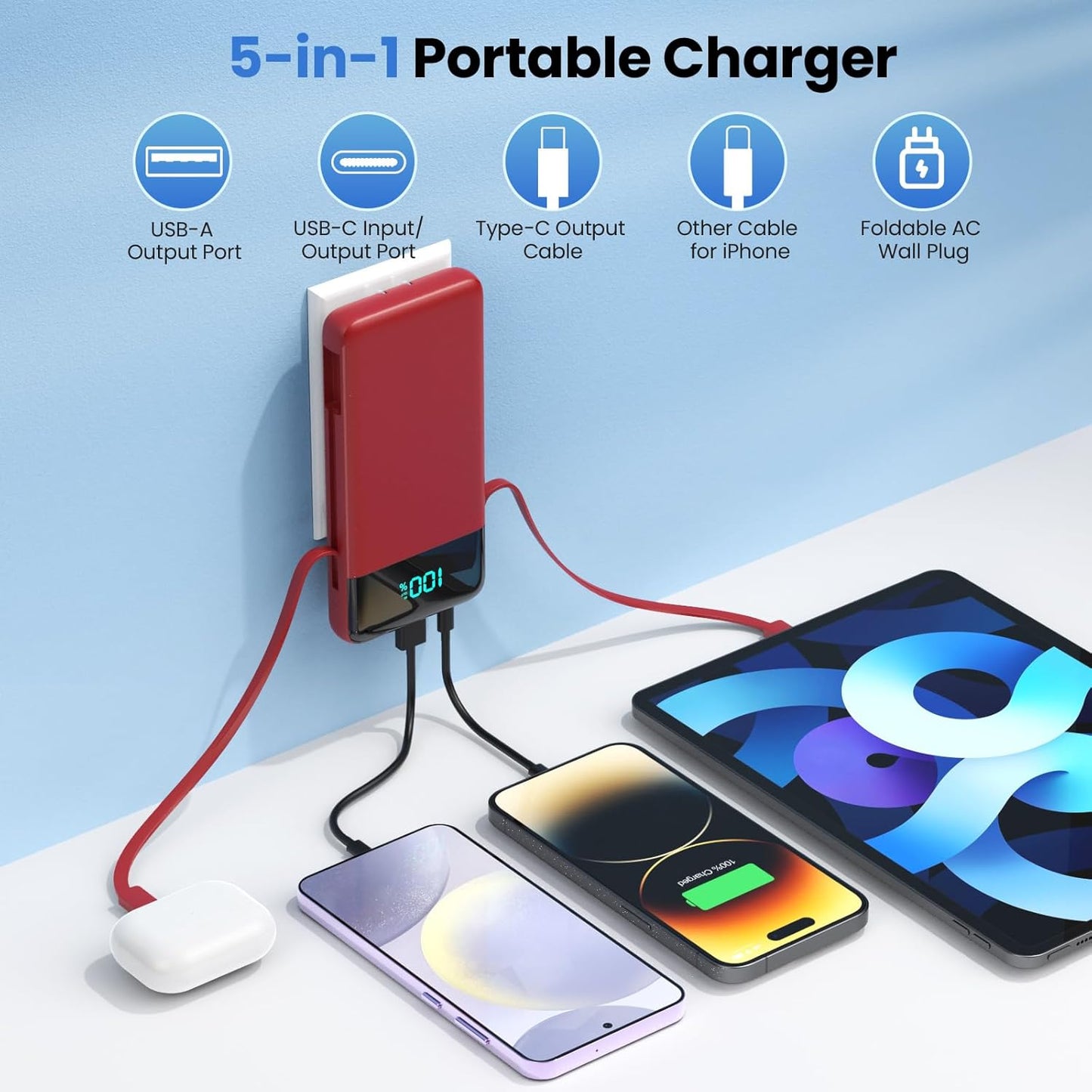 YHO Portable Charger 13800mAh for iPhone with Built-in Cables & AC Wall Plug,5-in-1 USB-C Power Bank,LCD Display External Battery Pack Phone Charger Compatible with iPhone 16/15/14,Android (Red)