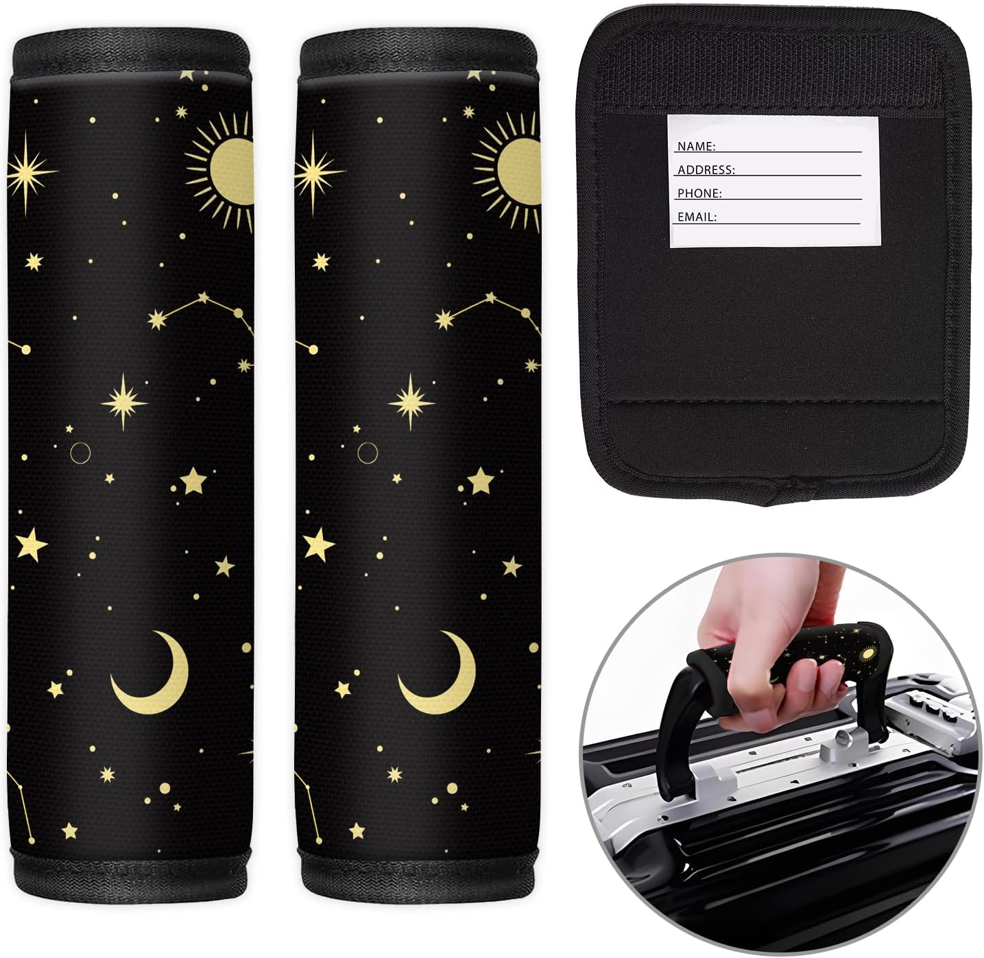 2 Pack Luggage Handle Wrap Travel Tags - Set of Luggage Tags for Suitcases, Identifiers, Marker, and Handle Covers - Cruise Accessories and Travel Gifts（Cute Moon Star